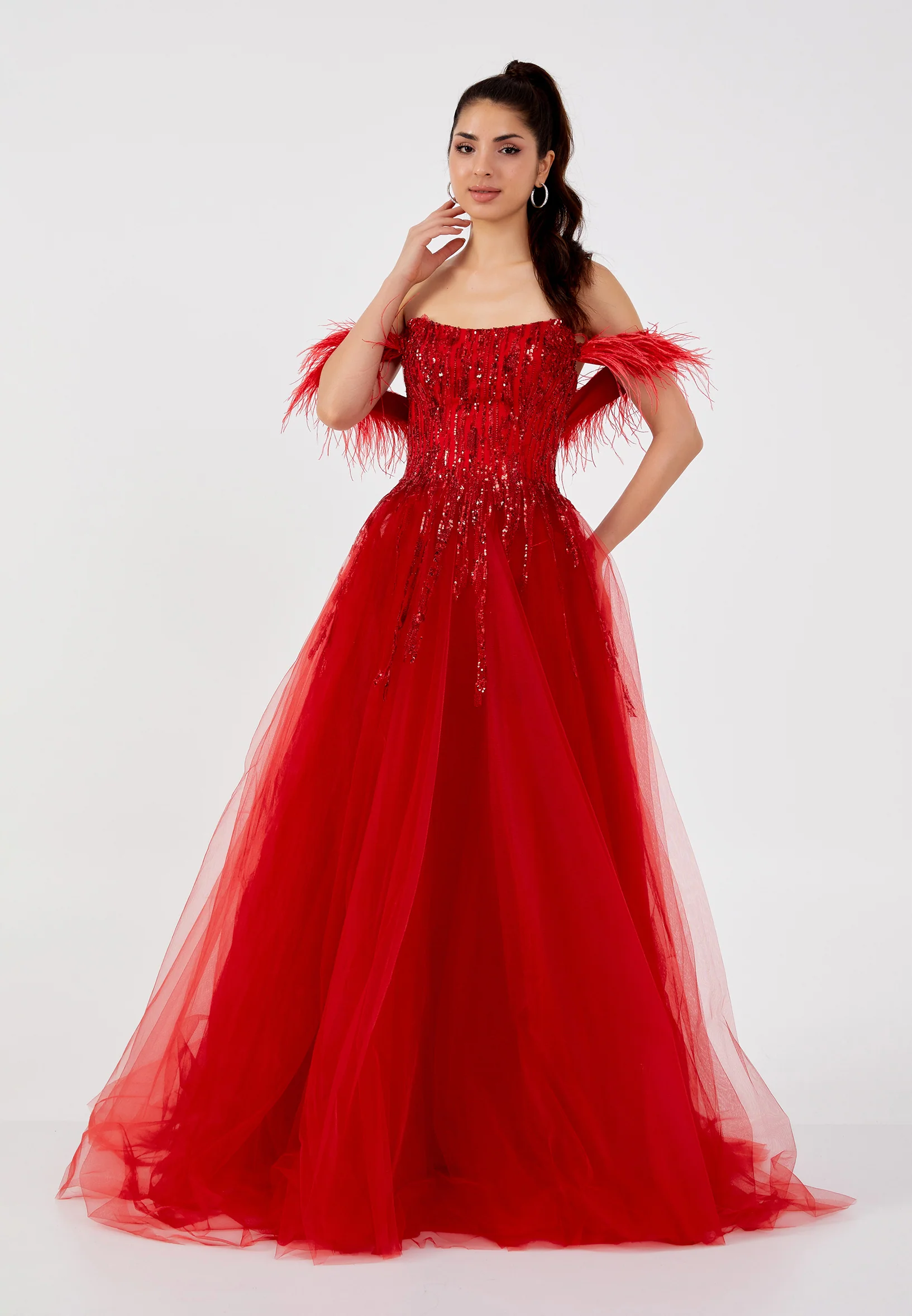 Off Shoulder Maxi Tulle A - Line Regular Prom Dress omn423 - Image 5