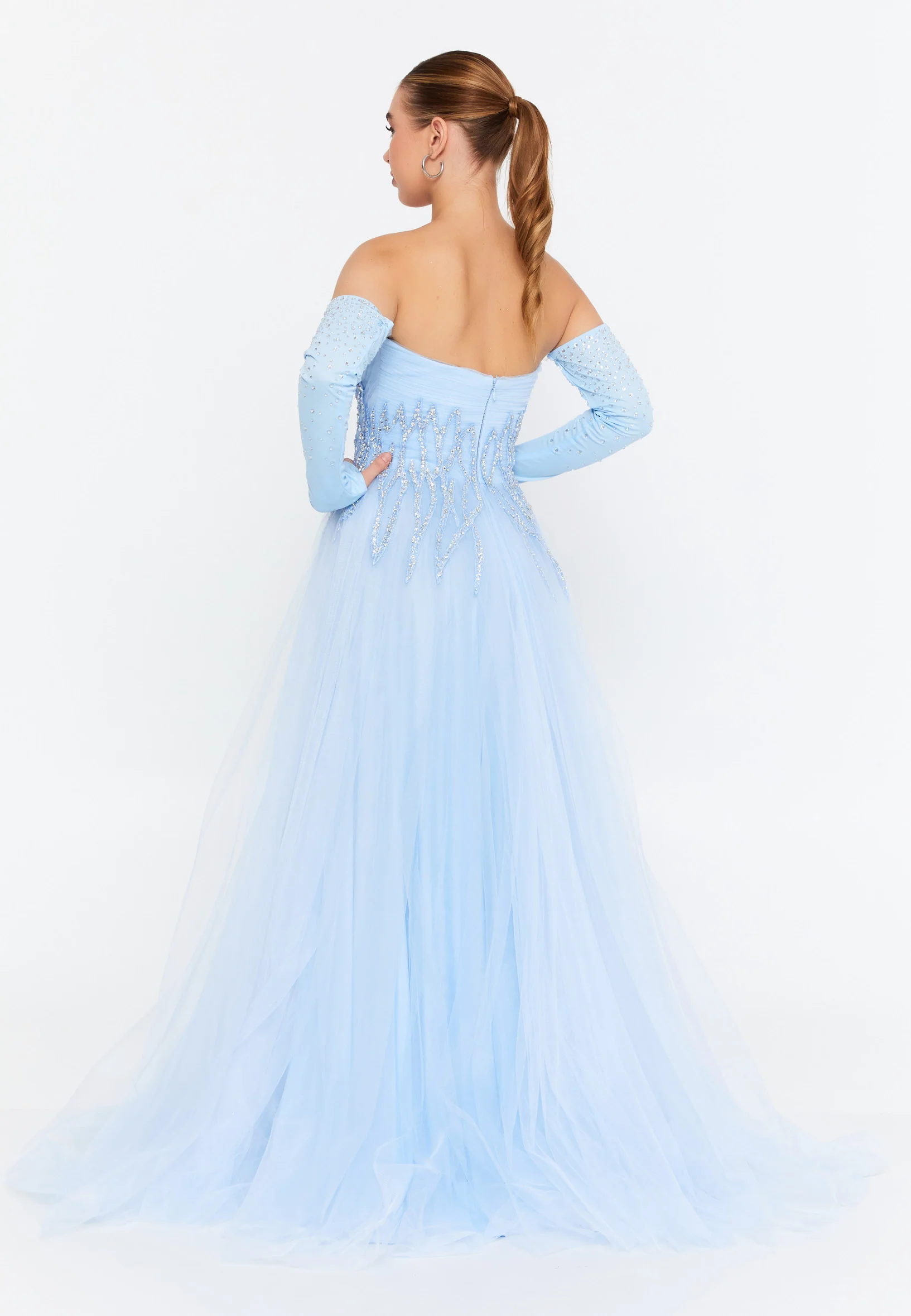 Off Shoulder Maxi Tulle A - Line Regular Prom Dress omn601 - Image 2