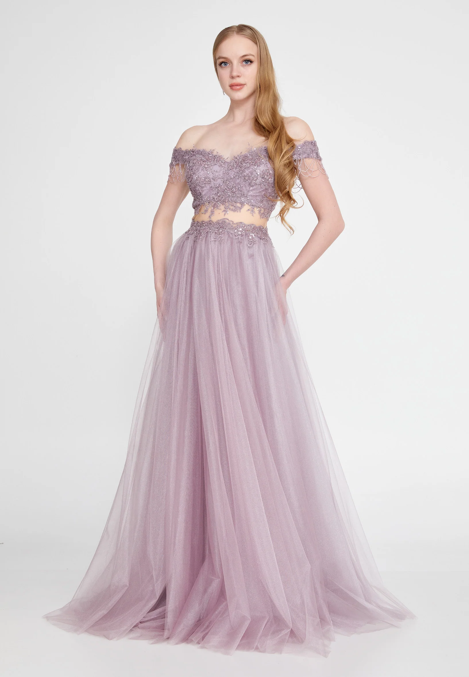 Off Shoulder Maxi Tulle A - Line Regular Prom Dress prl736 - Image 2