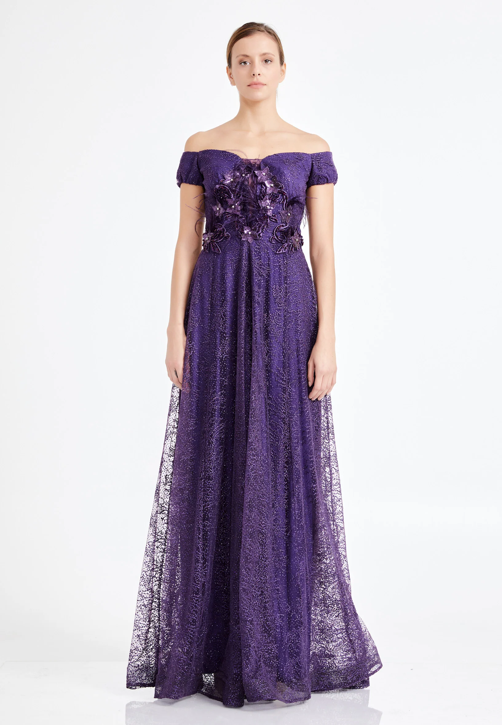 Off Shoulder Maxi Tulle A - Line Regular Prom Dress rmn2712 - Image 17