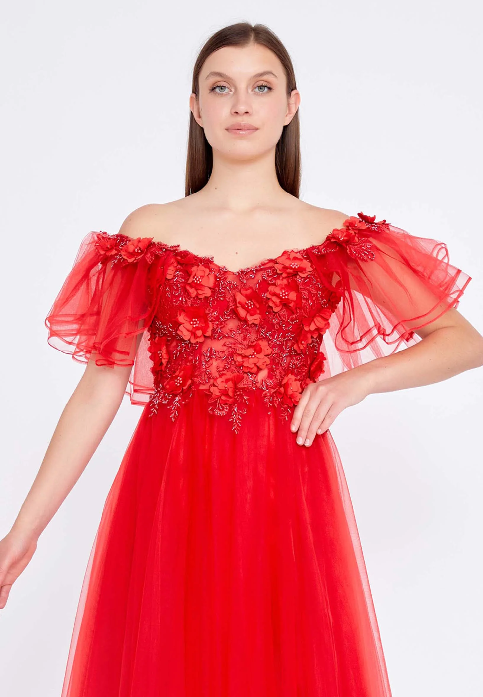 Off Shoulder Maxi Tulle A - Line Regular Prom Dress ses2161 - Image 8
