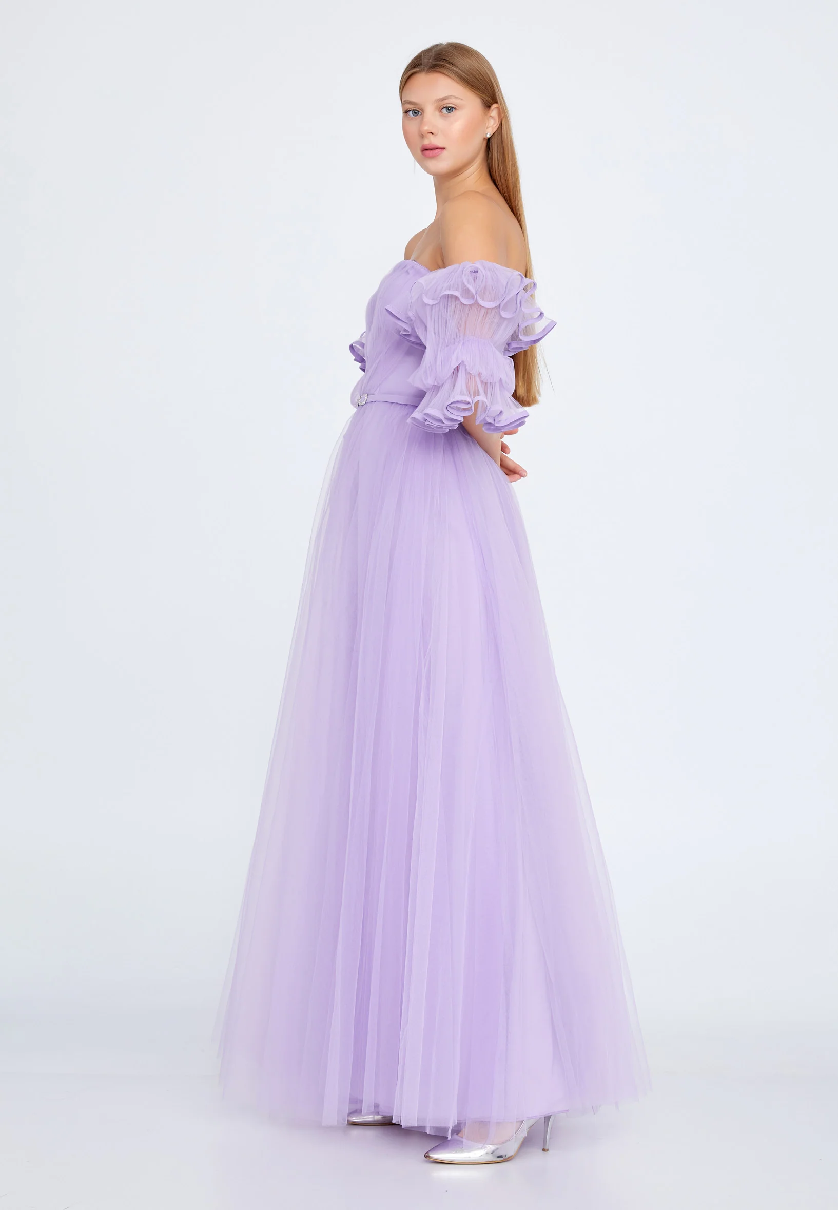 Off Shoulder Maxi Tulle A - Line Regular Prom Dress ses2646 - Image 7