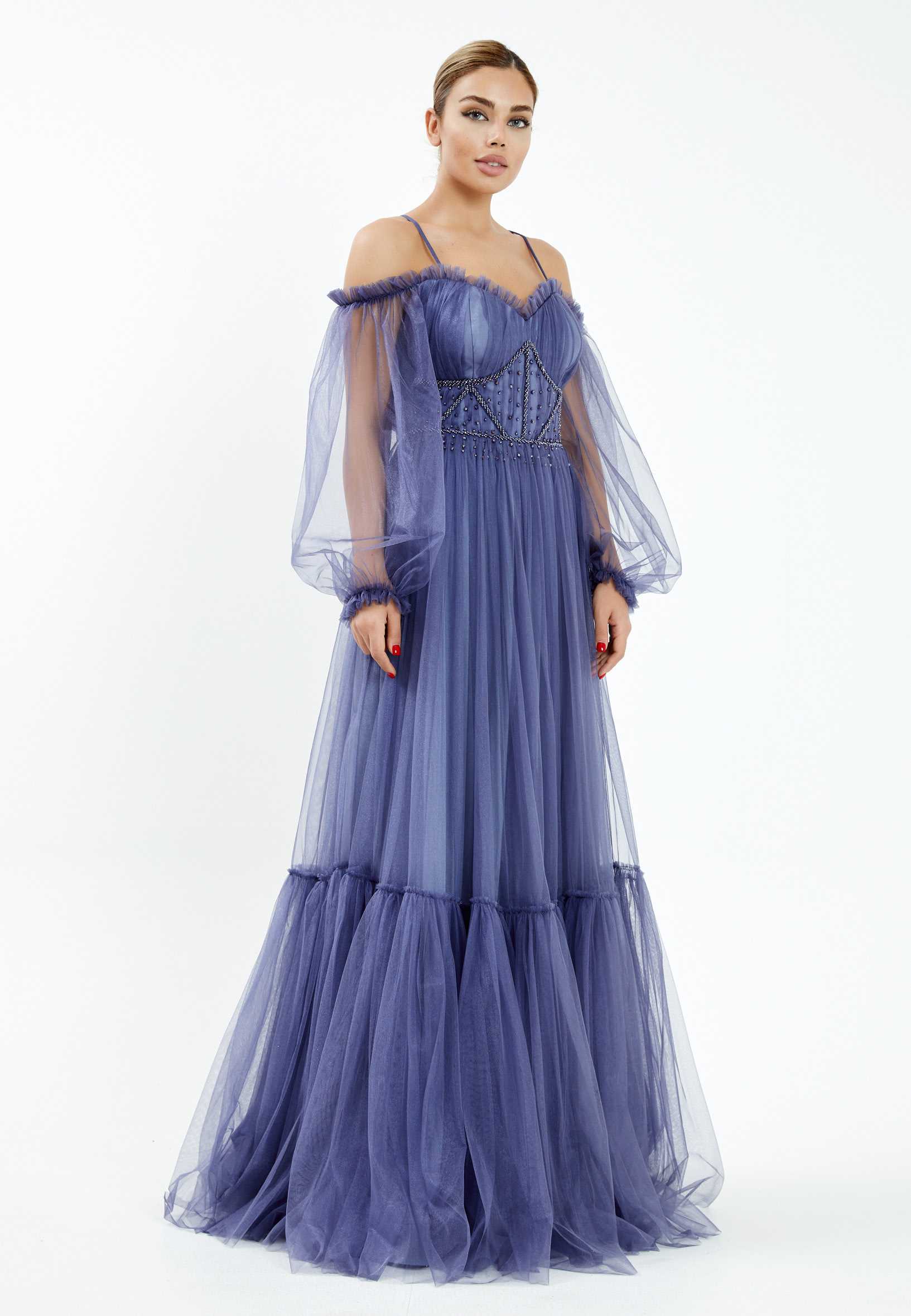 Off Shoulder Maxi Tulle A - Line Regular Wedding Guest Dress rmn2957 - Image 19