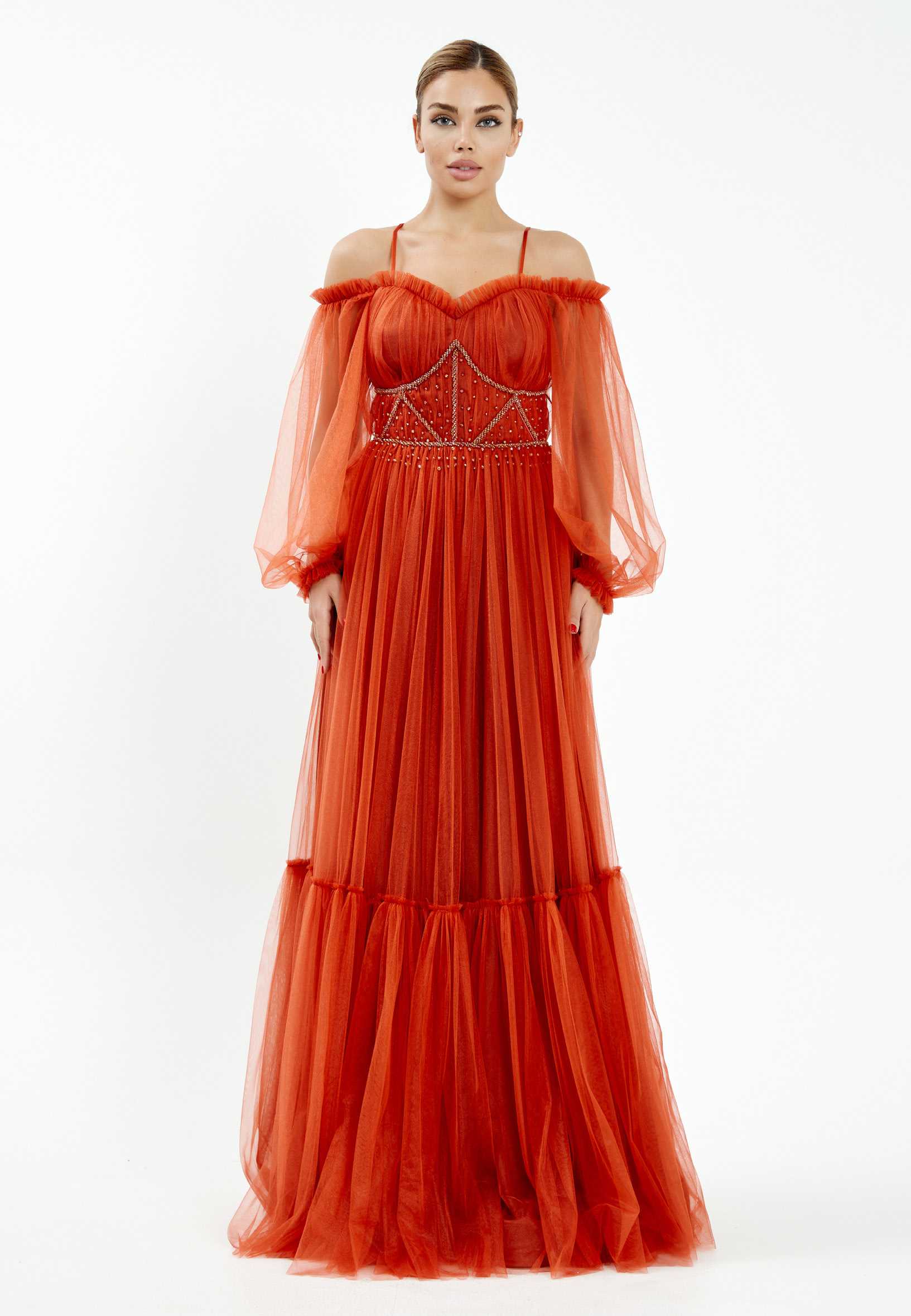 Off Shoulder Maxi Tulle A - Line Regular Wedding Guest Dress rmn2957 - Image 25