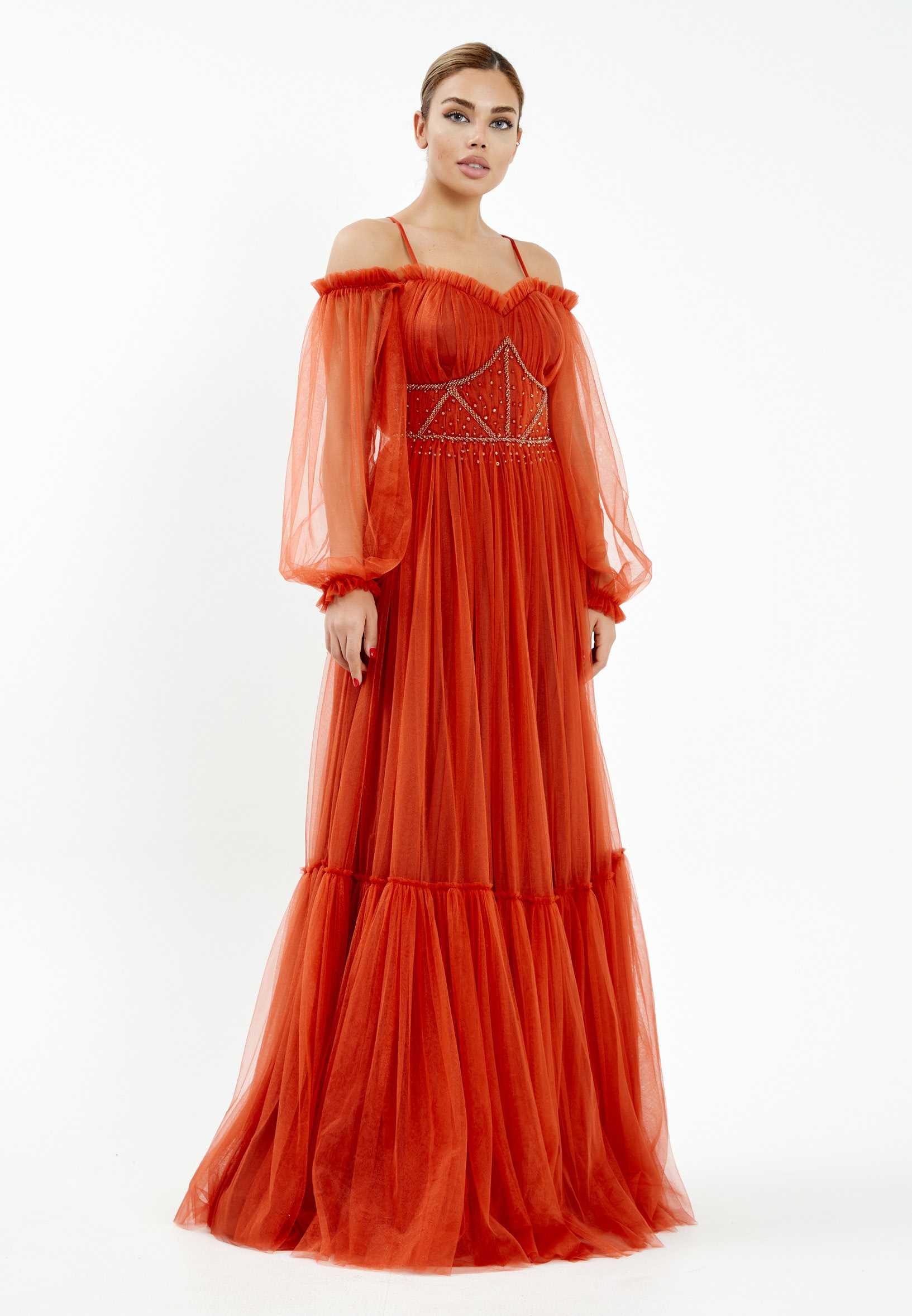 Off Shoulder Maxi Tulle A - Line Regular Wedding Guest Dress rmn2957 - Image 27