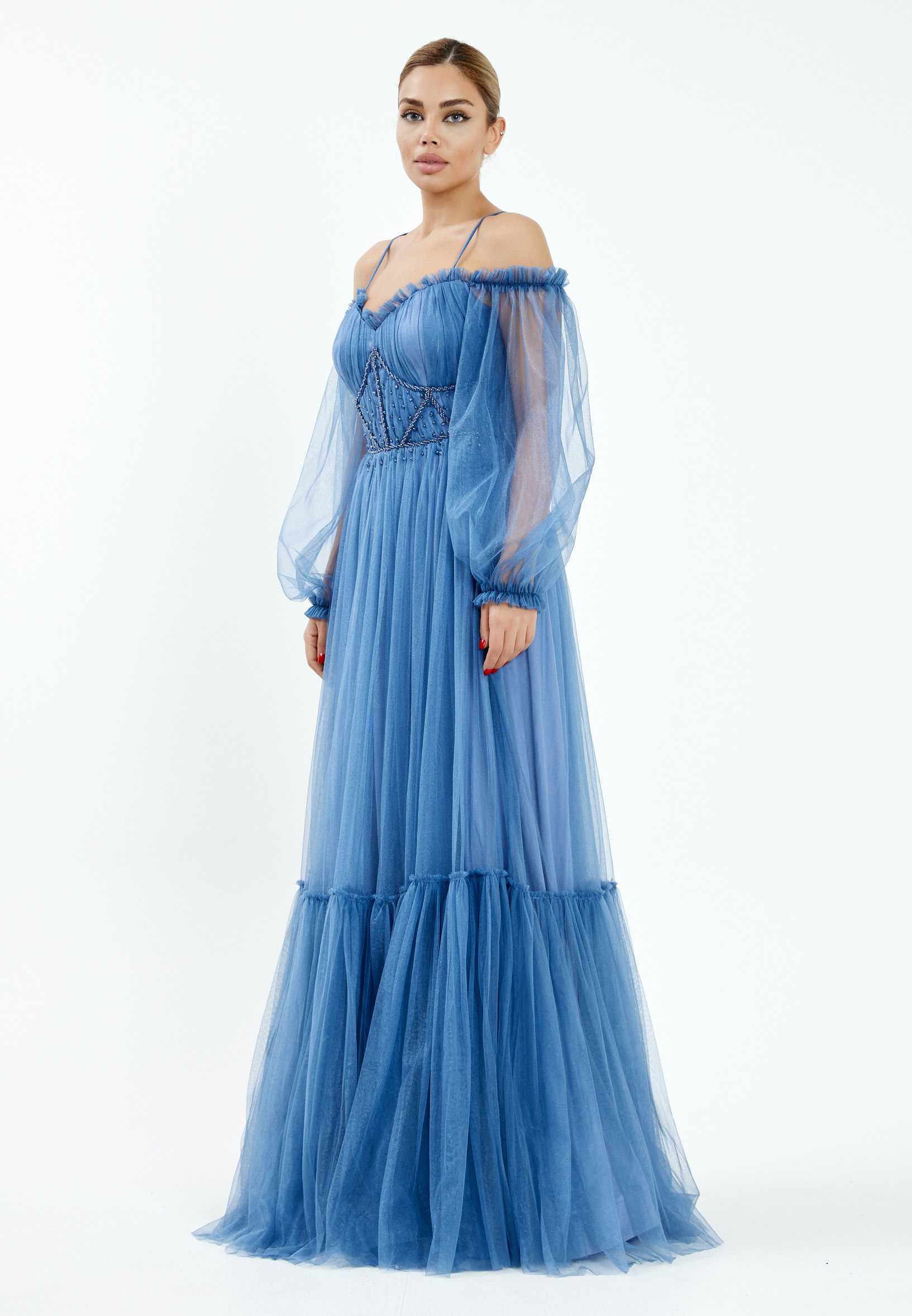 Off Shoulder Maxi Tulle A - Line Regular Wedding Guest Dress rmn2957 - Image 31