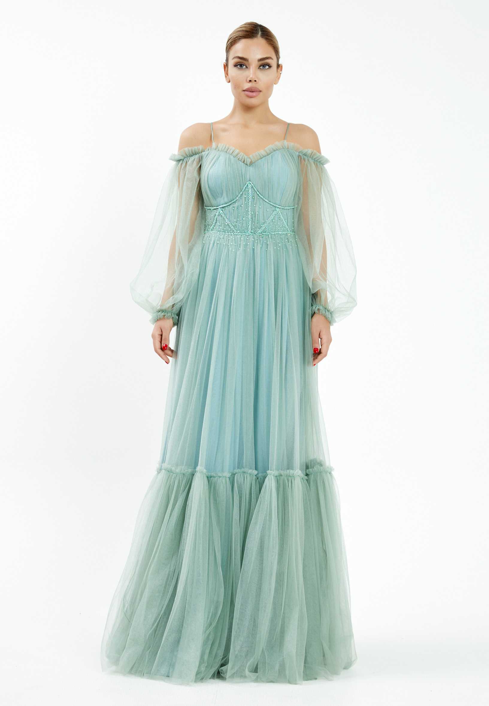 Off Shoulder Maxi Tulle A - Line Regular Wedding Guest Dress rmn2957 - Image 37