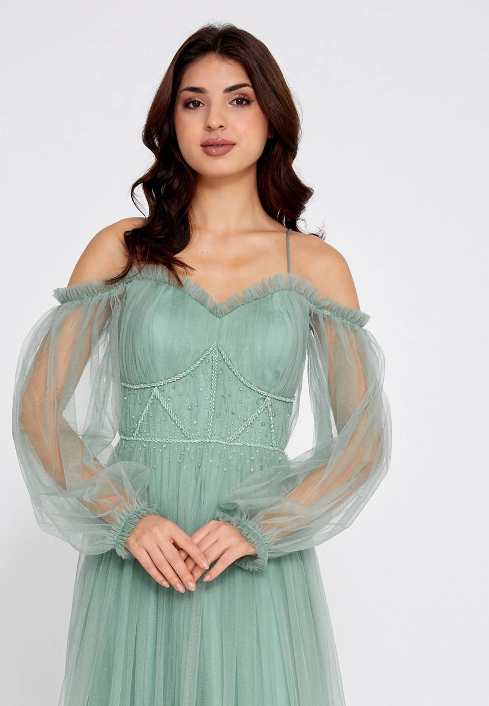 Off Shoulder Maxi Tulle A - Line Regular Wedding Guest Dress rmn2957 - Image 4