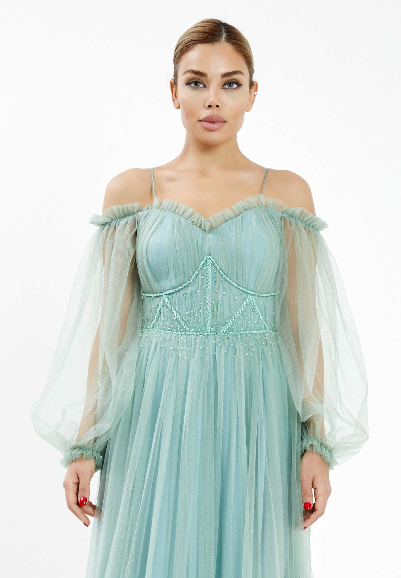 Off Shoulder Maxi Tulle A - Line Regular Wedding Guest Dress rmn2957 - Image 40