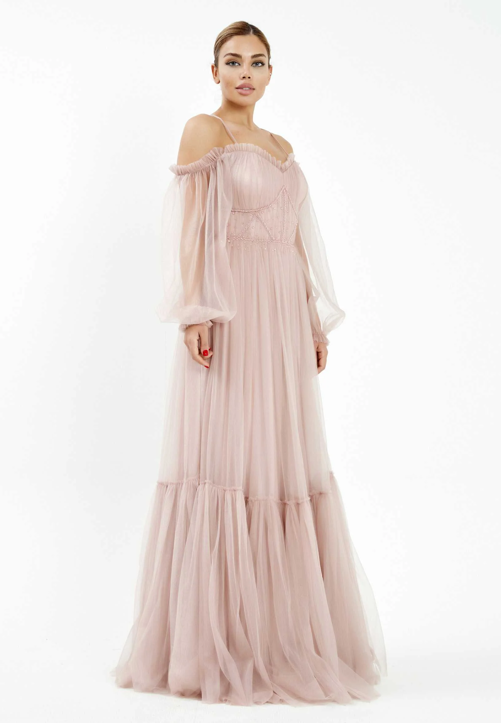 Off Shoulder Maxi Tulle A - Line Regular Wedding Guest Dress rmn2957 - Image 47