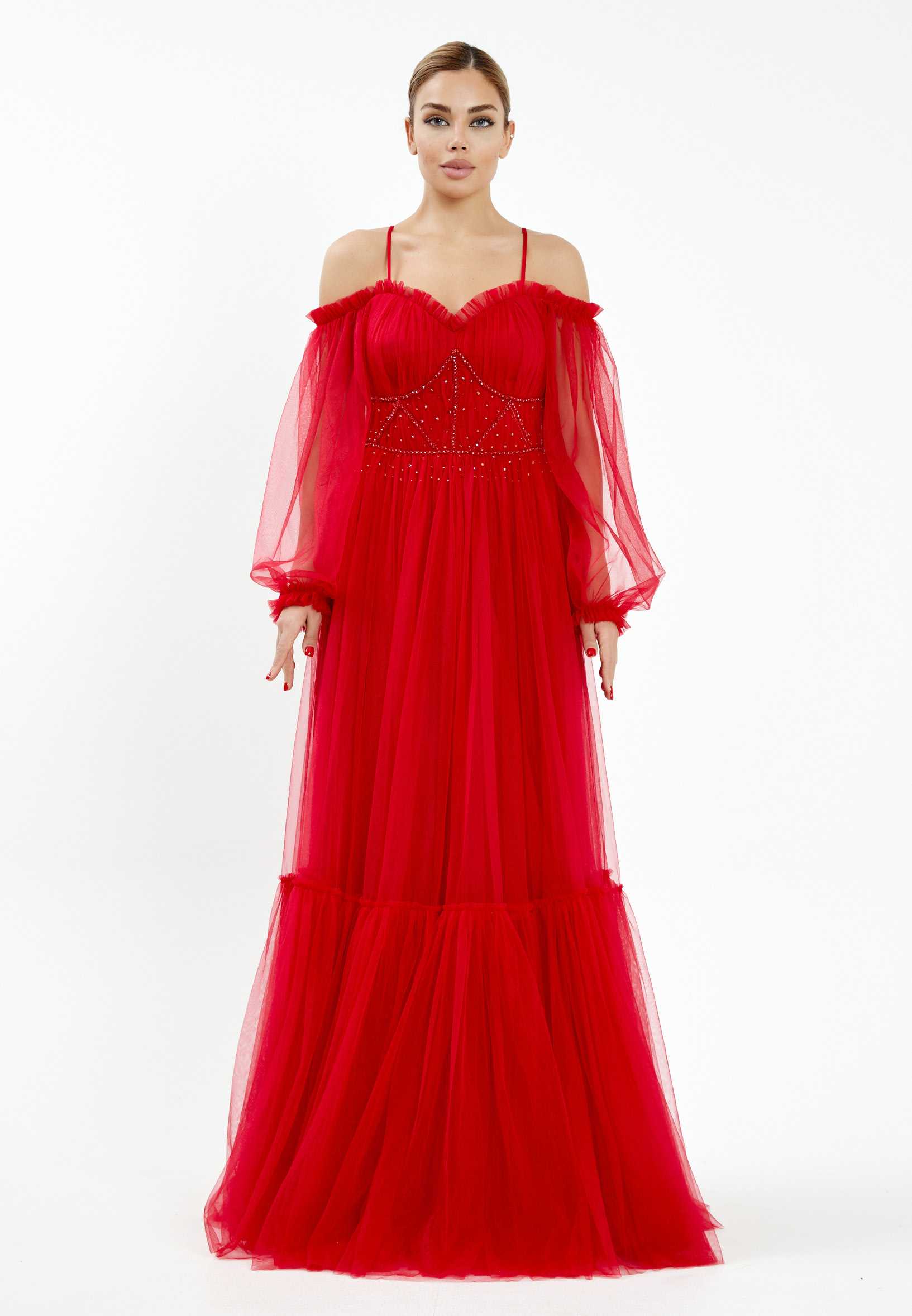 Off Shoulder Maxi Tulle A - Line Regular Wedding Guest Dress rmn2957 - Image 49