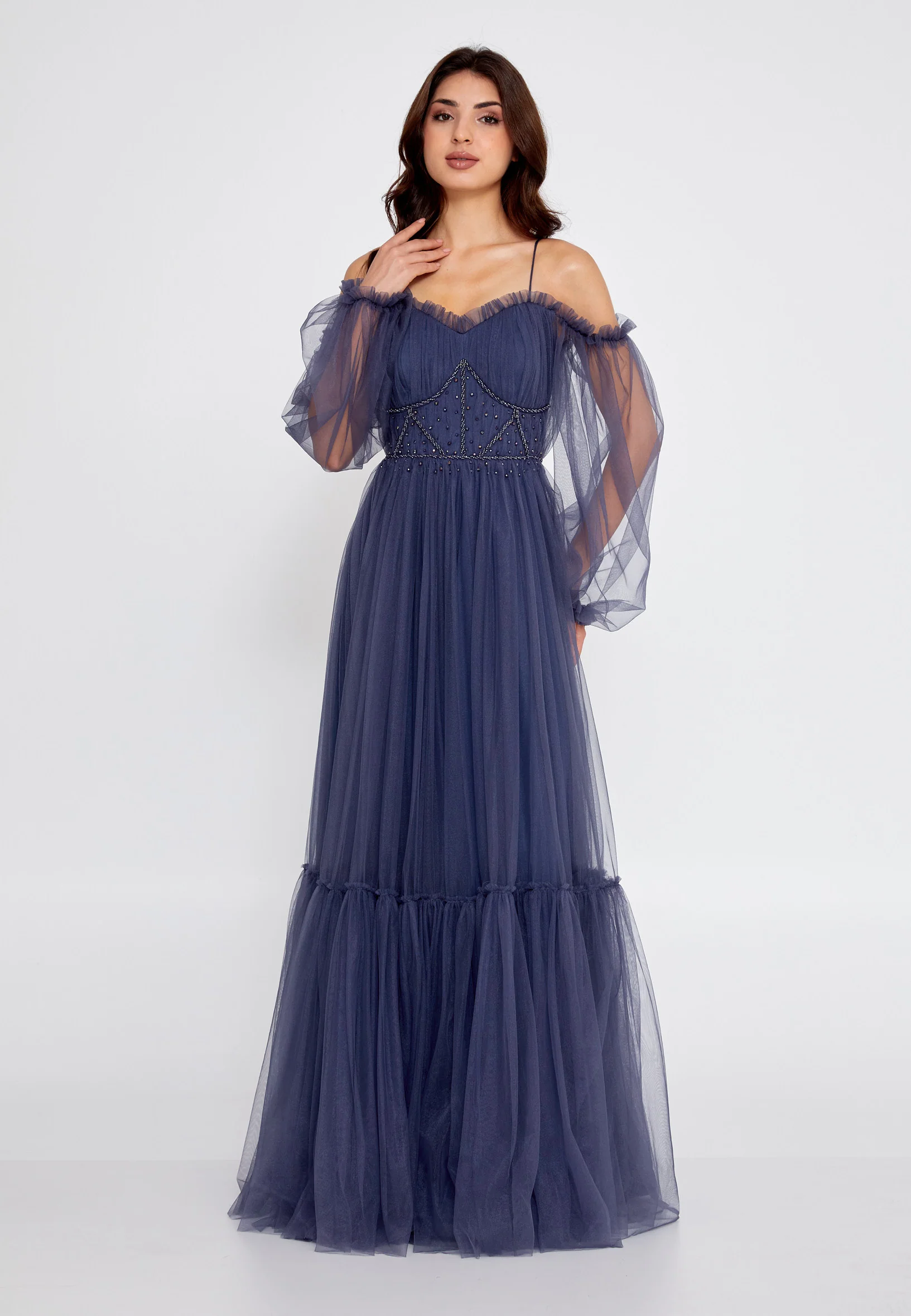 Off Shoulder Maxi Tulle A - Line Regular Wedding Guest Dress rmn2957 - Image 5