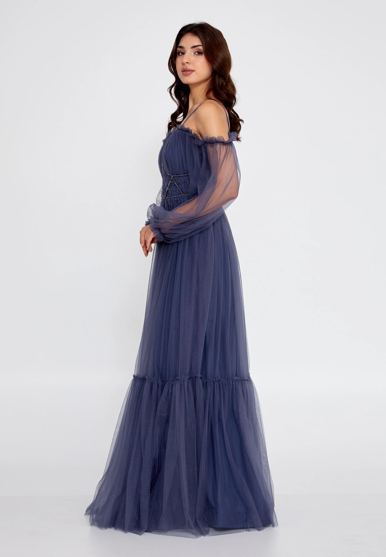 Off Shoulder Maxi Tulle A - Line Regular Wedding Guest Dress rmn2957 - Image 7
