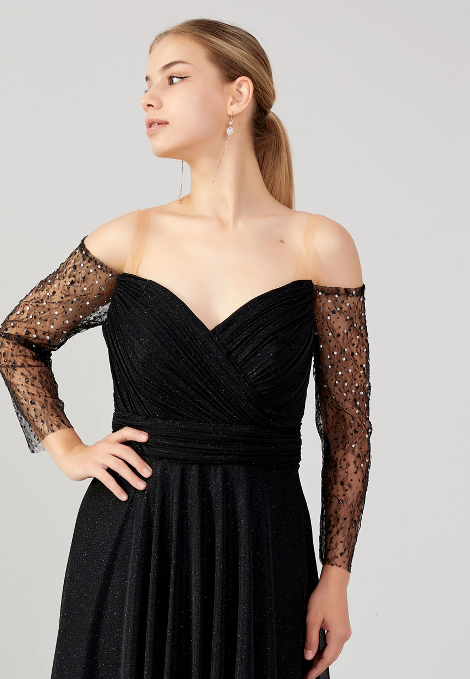 Off Shoulder Maxi Tulle Column Plus Size Wedding Guest Dress prl725 - Image 4
