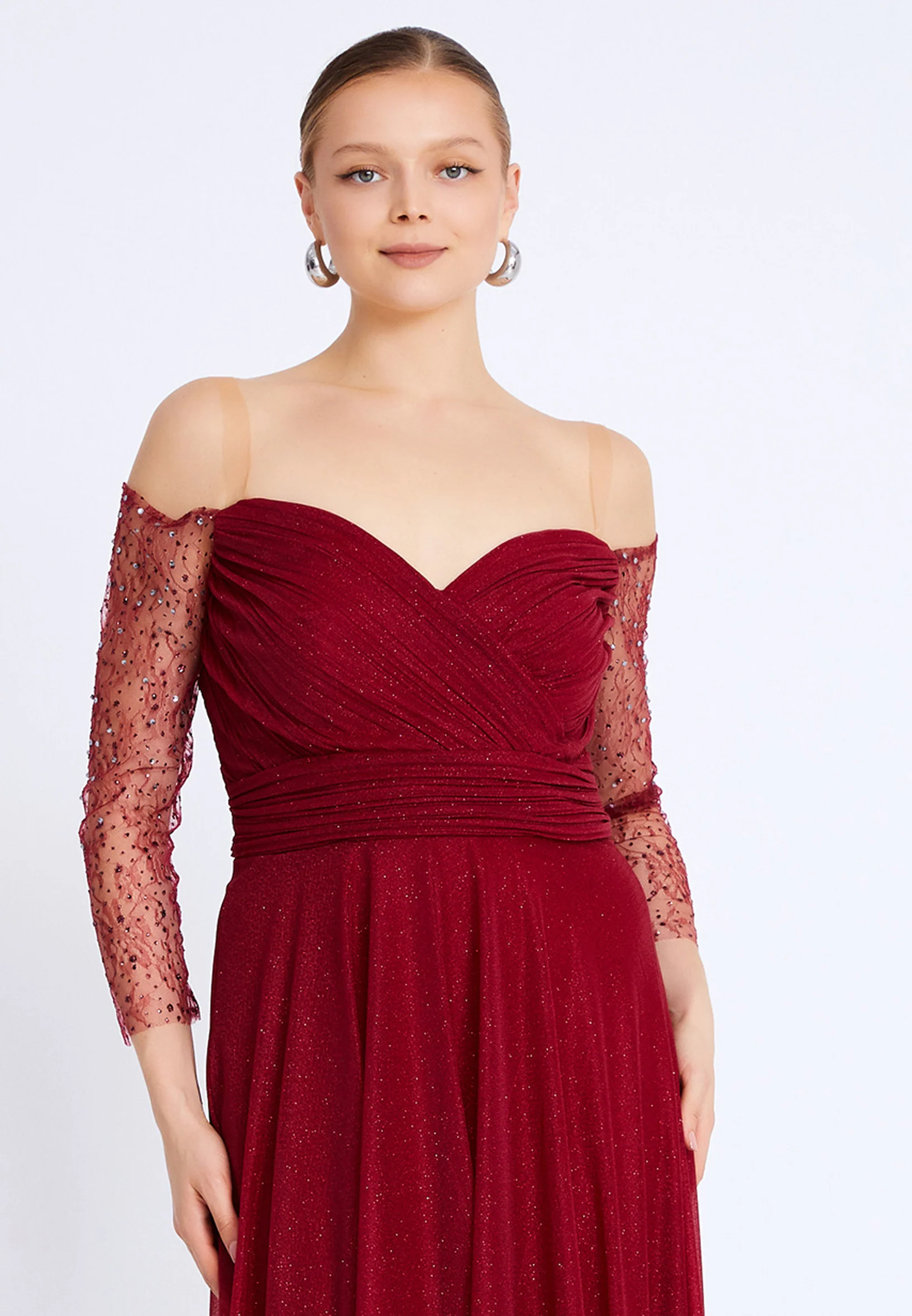 Off Shoulder Maxi Tulle Column Plus Size Wedding Guest Dress prl725 - Image 5