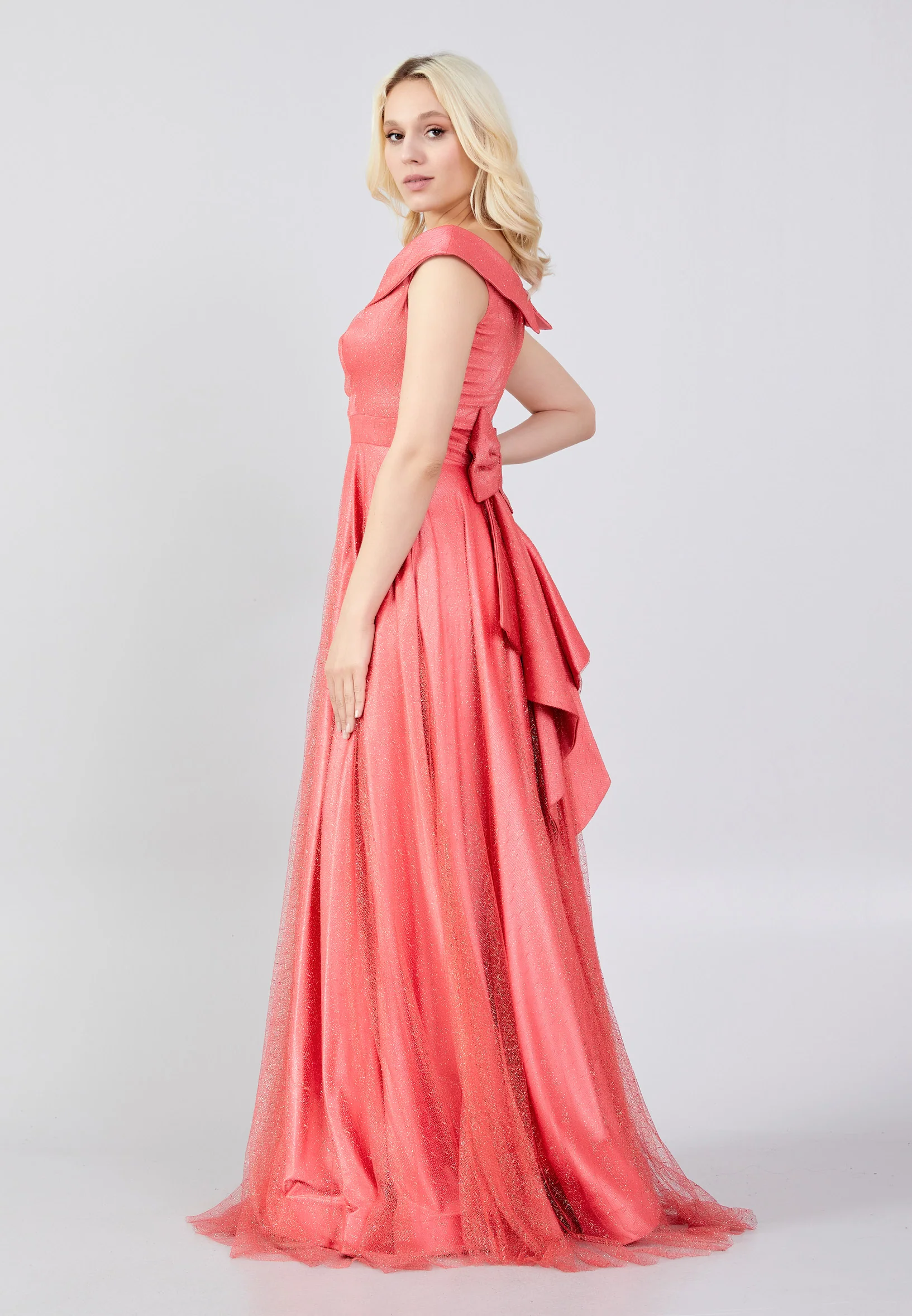 Off Shoulder Maxi Tulle Column Regular Prom Dress frc4265 - Image 3