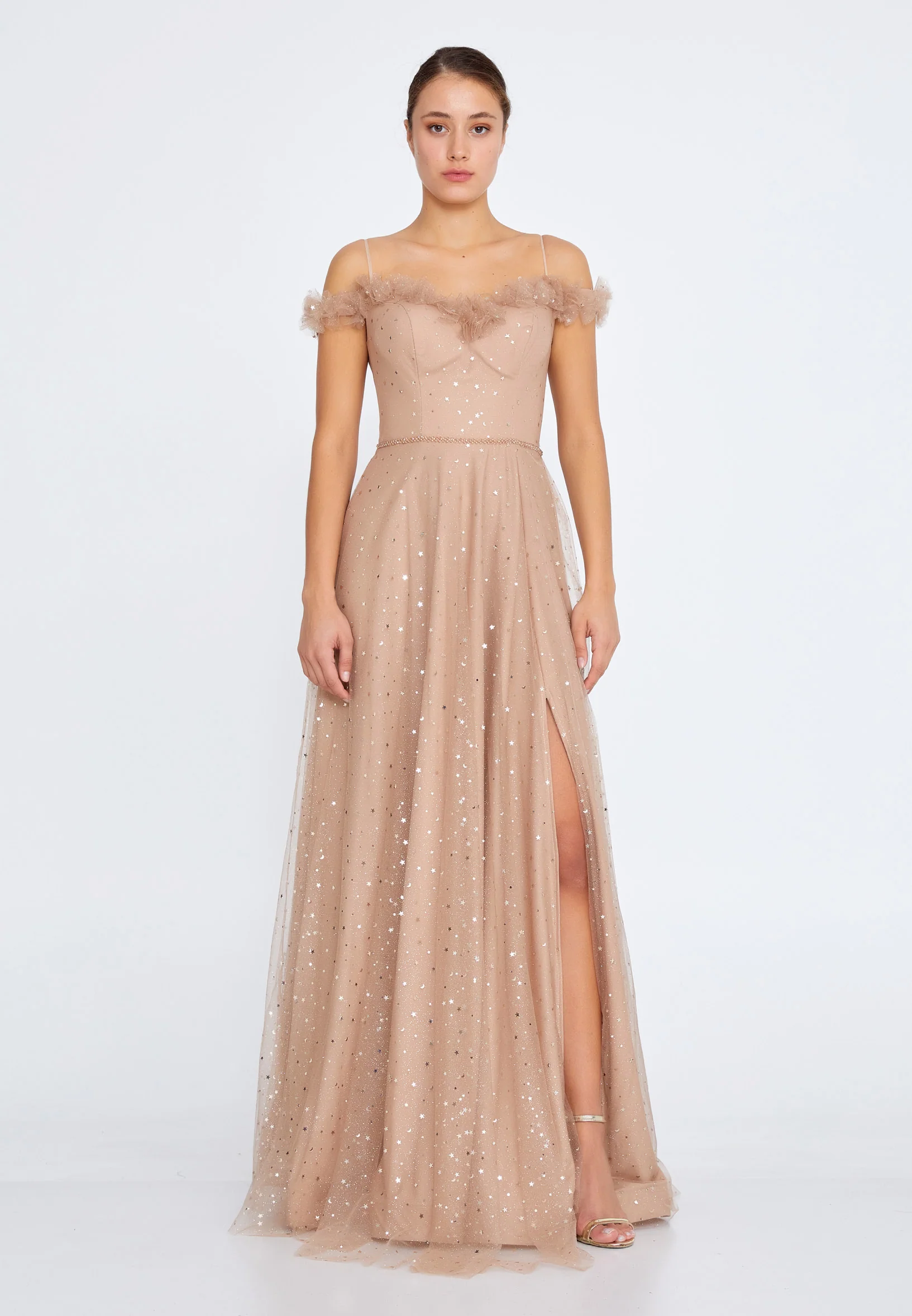 Off Shoulder Maxi Tulle Column Regular Prom Dress liw1326