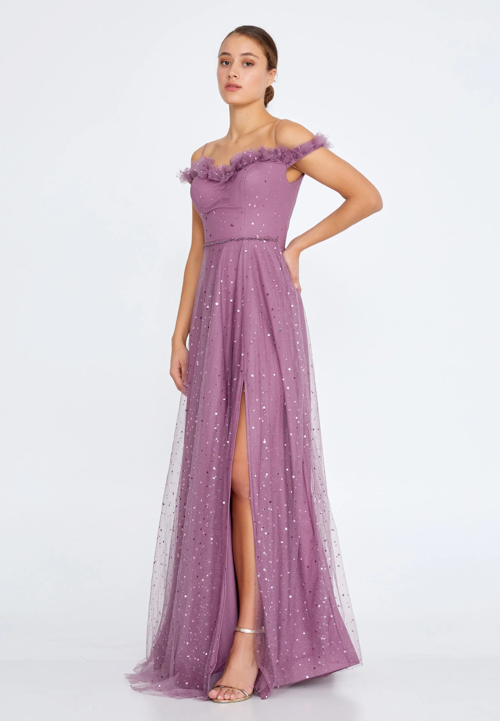 Off Shoulder Maxi Tulle Column Regular Prom Dress liw1326 - Image 11
