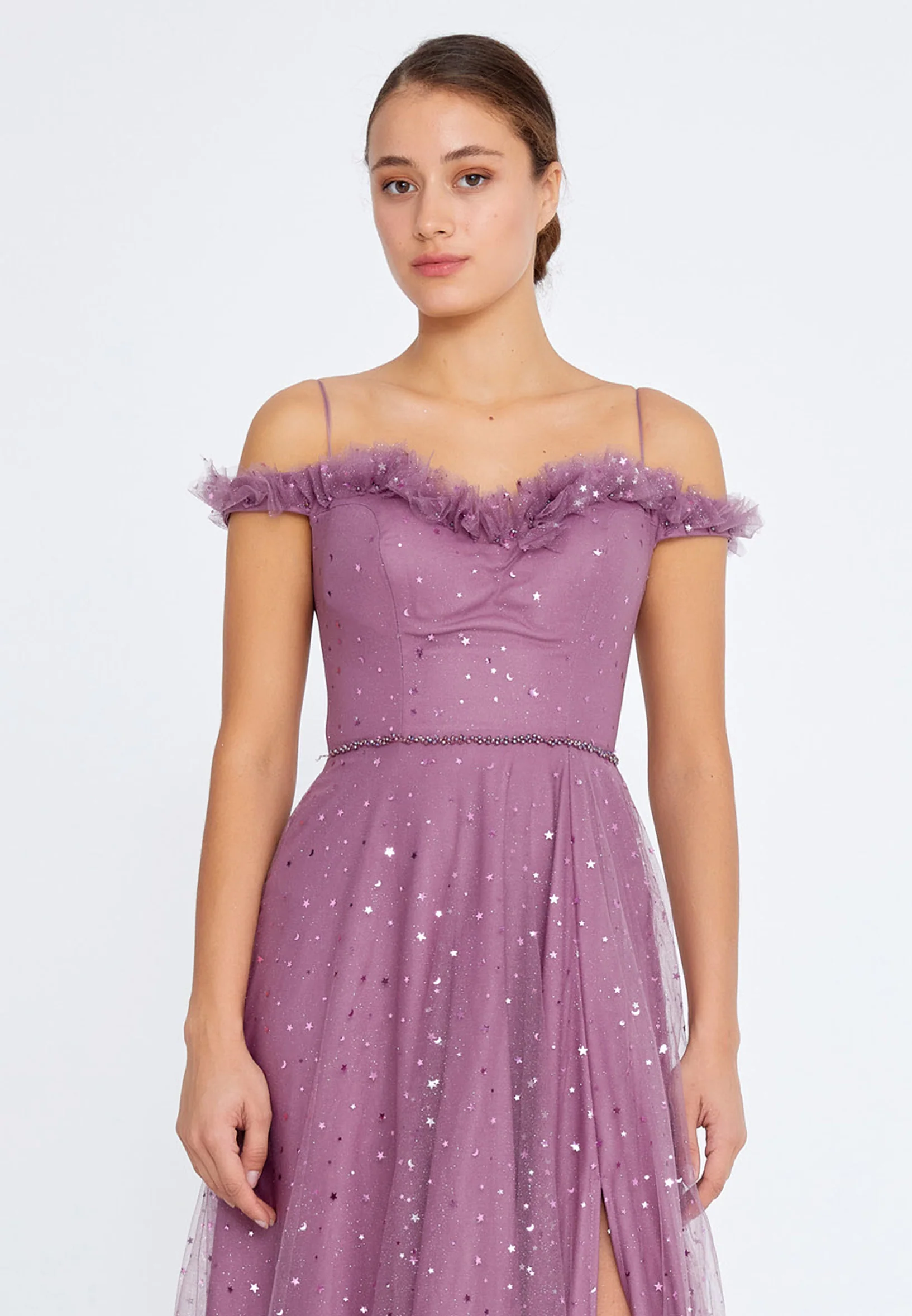 Off Shoulder Maxi Tulle Column Regular Prom Dress liw1326 - Image 12