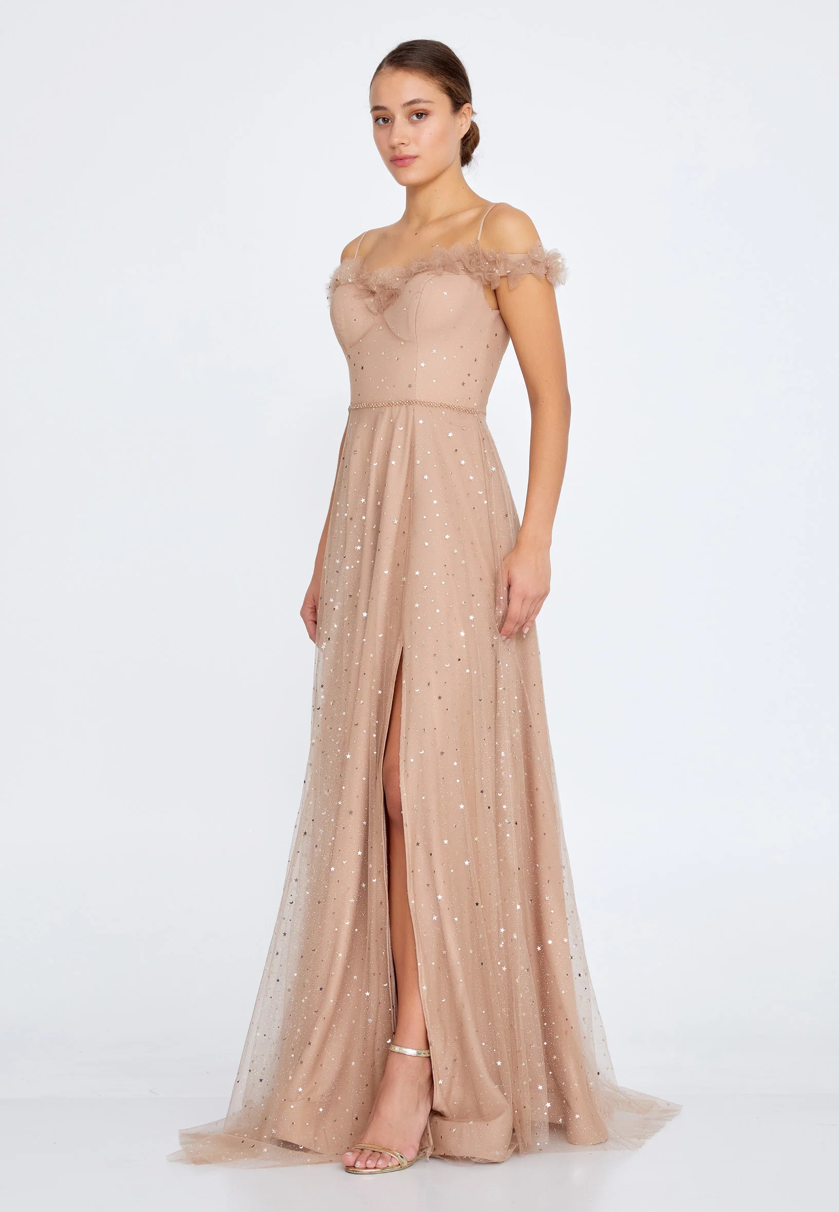 Off Shoulder Maxi Tulle Column Regular Prom Dress liw1326 - Image 3
