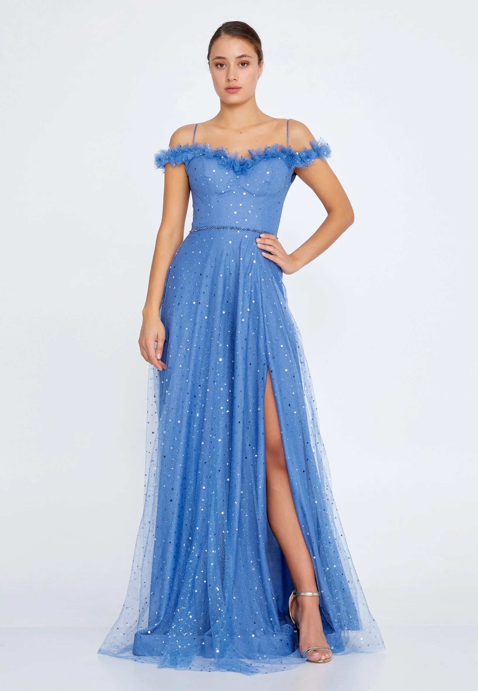 Off Shoulder Maxi Tulle Column Regular Prom Dress liw1326 - Image 5