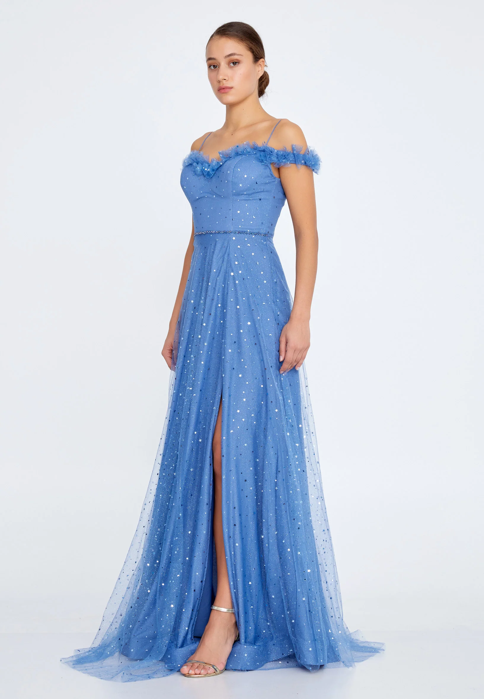 Off Shoulder Maxi Tulle Column Regular Prom Dress liw1326 - Image 6
