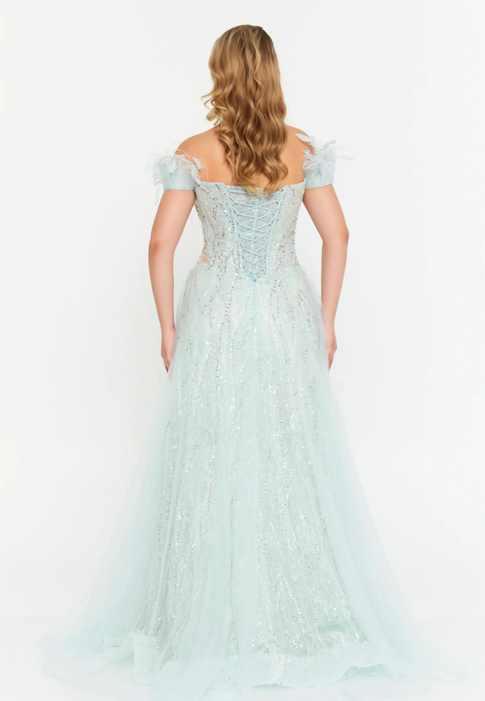 Off Shoulder Maxi Tulle Column Regular Prom Dress mtc04-31 - Image 2
