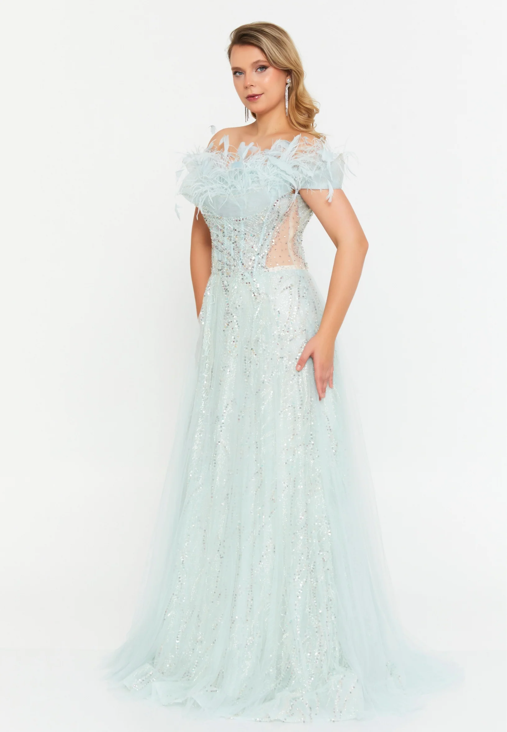 Off Shoulder Maxi Tulle Column Regular Prom Dress mtc04-31 - Image 3