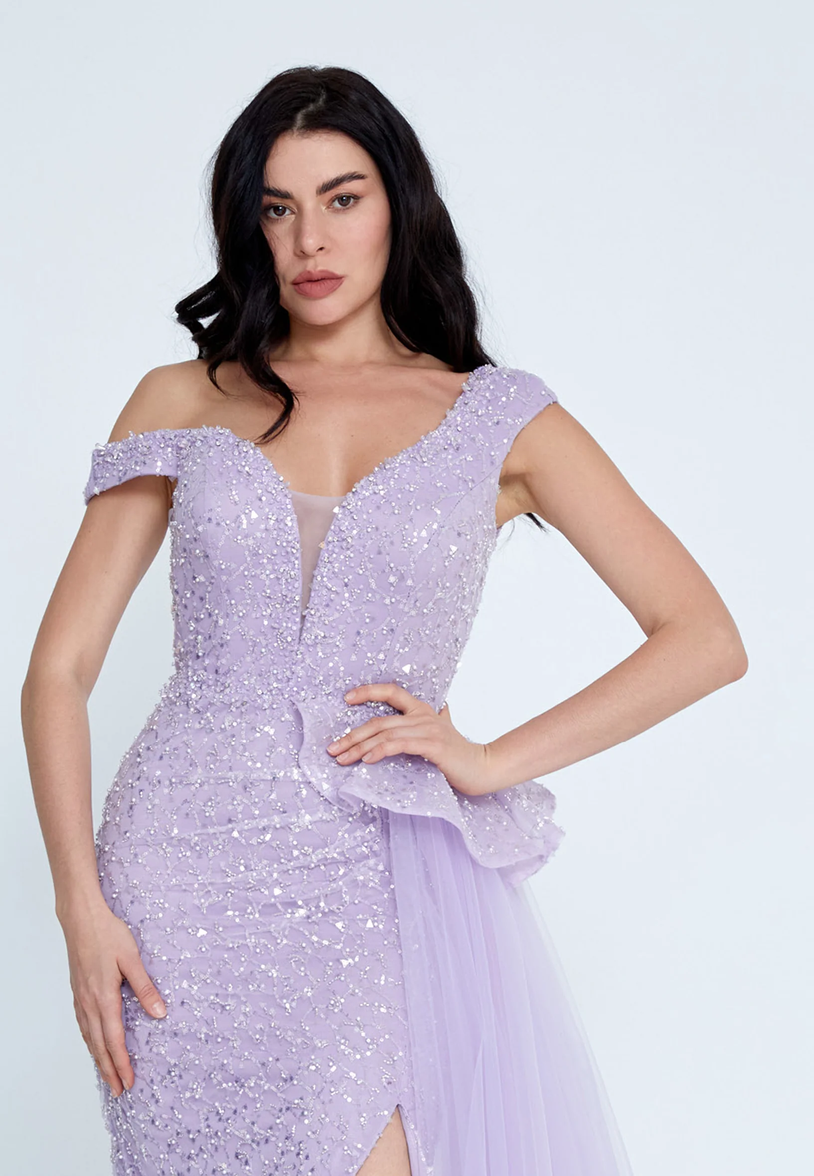 Off Shoulder Maxi Tulle Column Regular Prom Dress mti0603 - Image 12