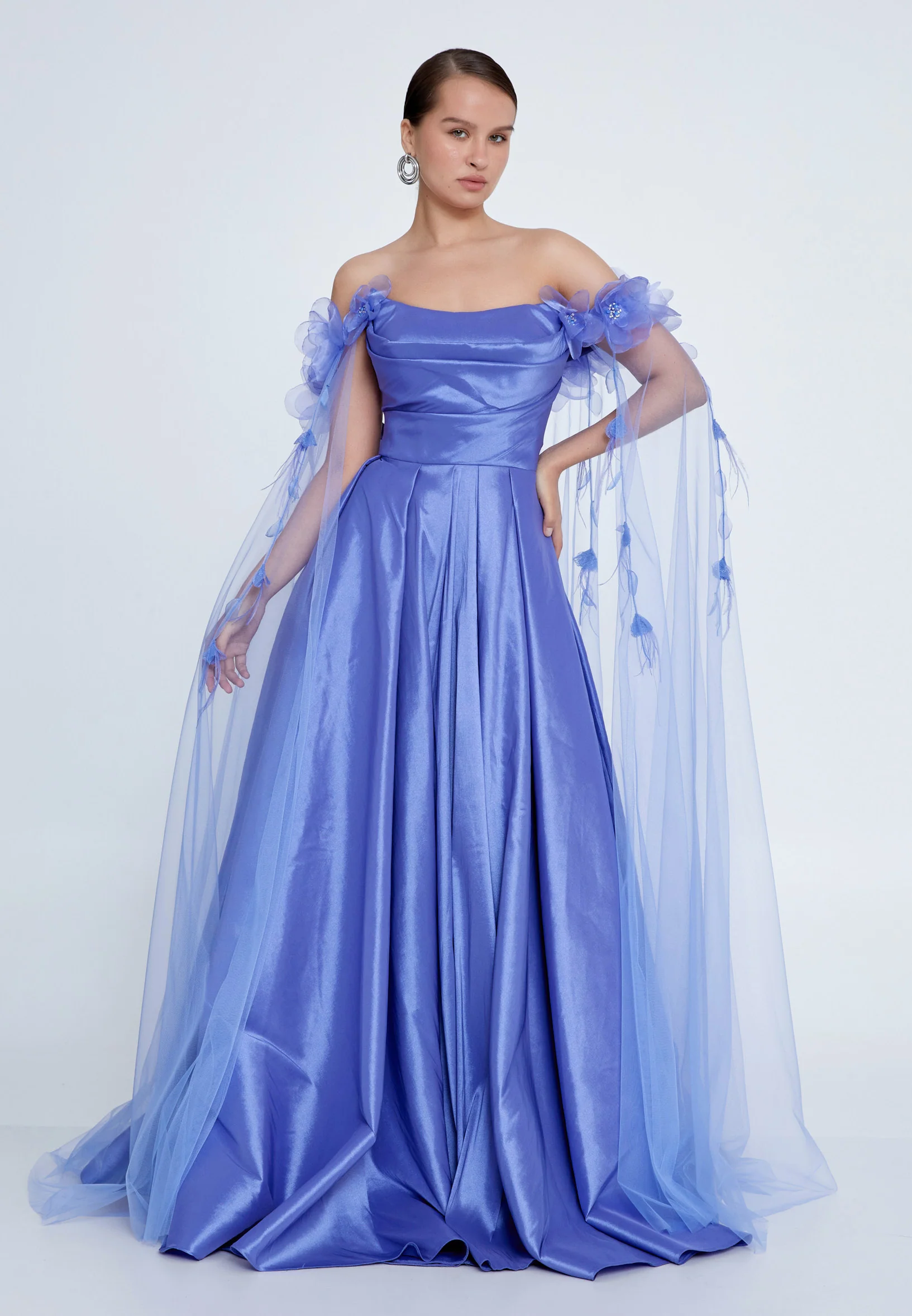 Off Shoulder Maxi Tulle Column Regular Prom Dress prl089
