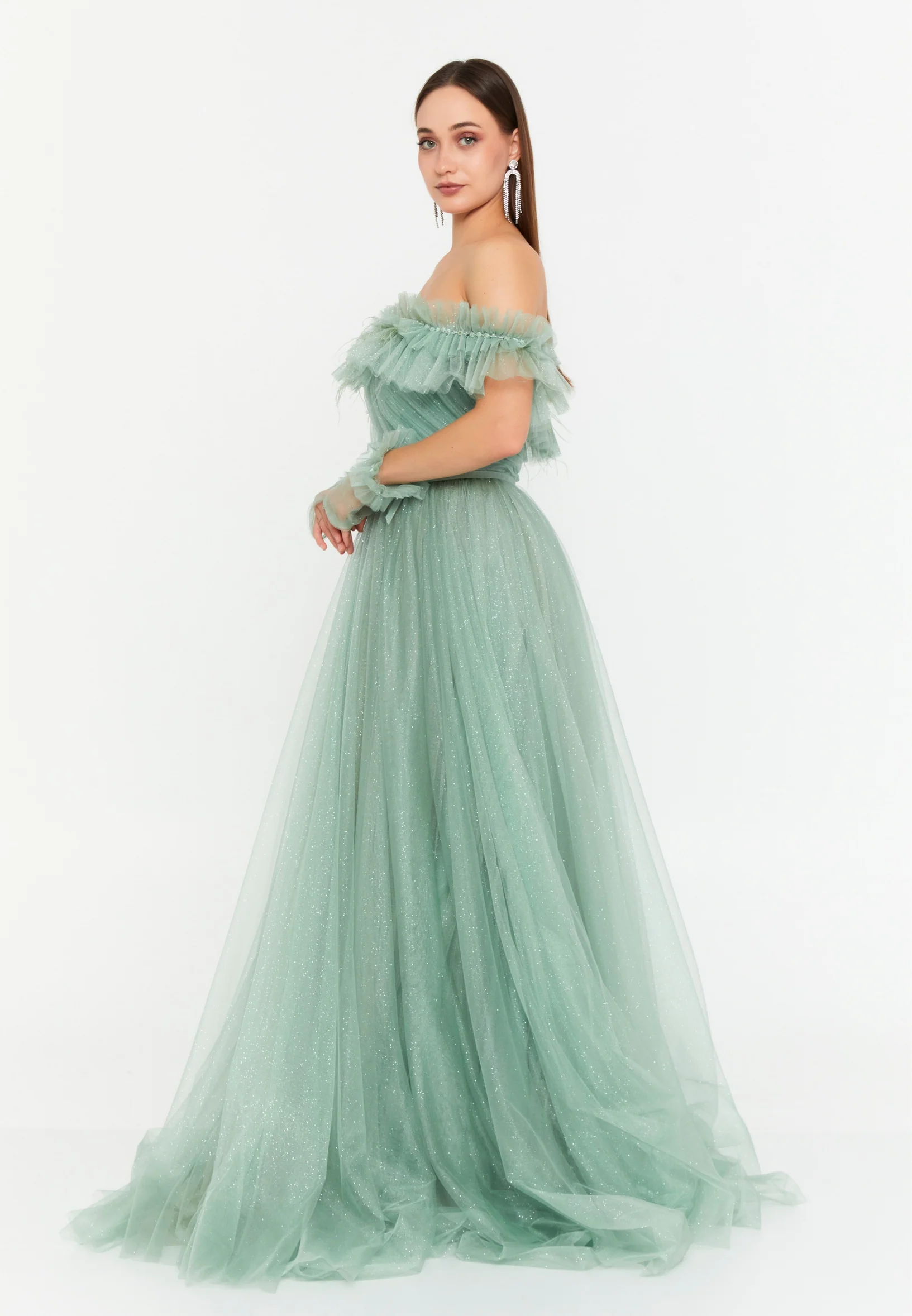 Off Shoulder Maxi Tulle Column Regular Prom Dress prl712 - Image 3