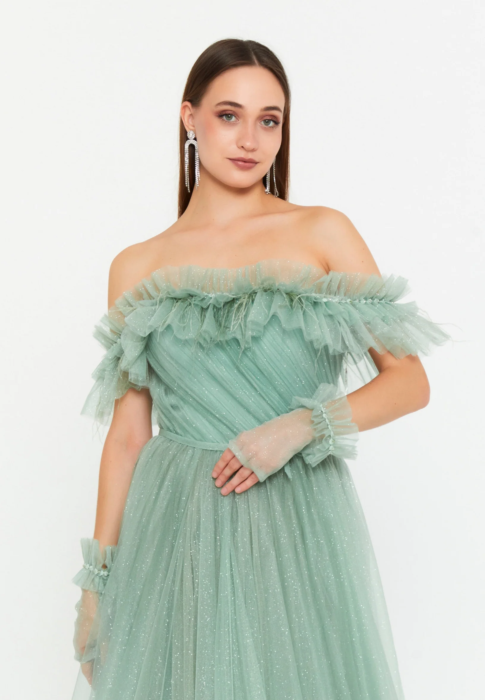 Off Shoulder Maxi Tulle Column Regular Prom Dress prl712 - Image 4