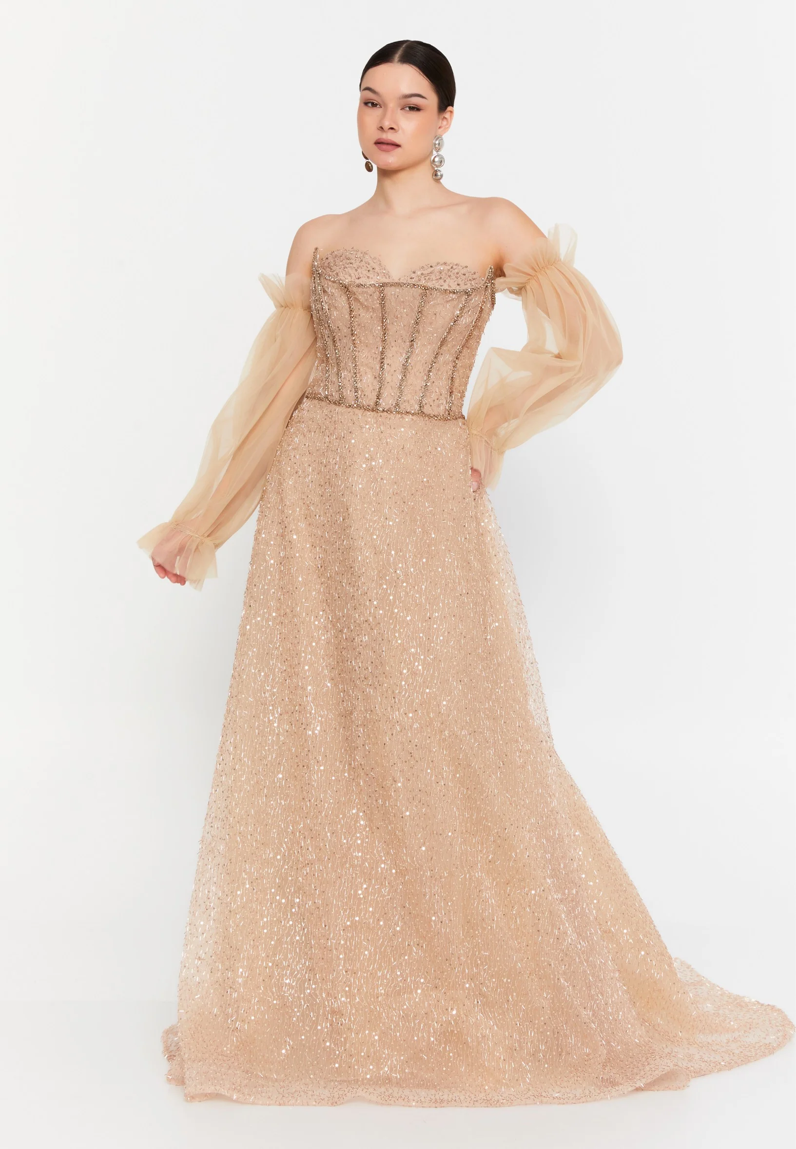Off Shoulder Maxi Tulle Column Regular Wedding Guest Dress aln1920 - Image 13