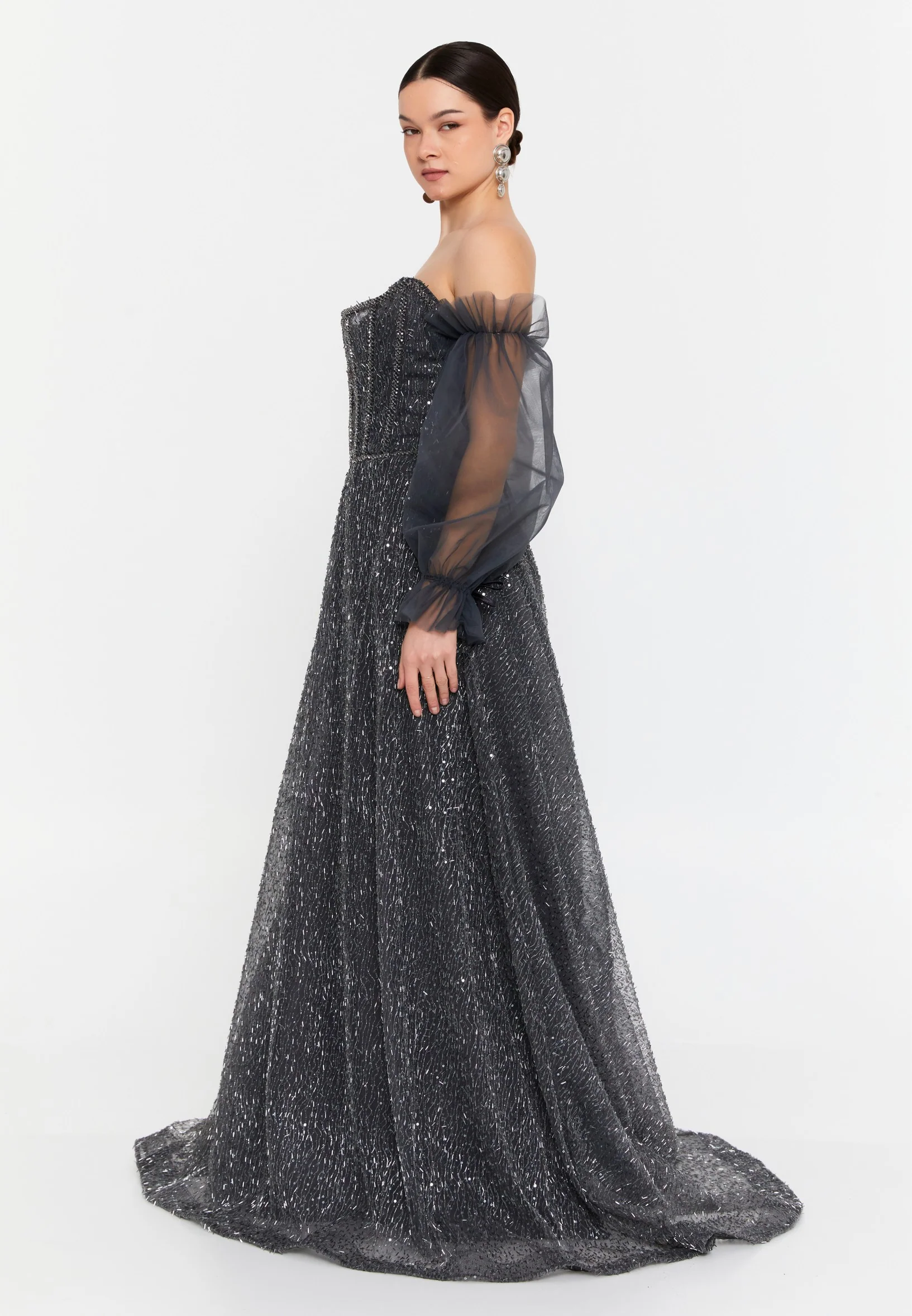 Off Shoulder Maxi Tulle Column Regular Wedding Guest Dress aln1920 - Image 3