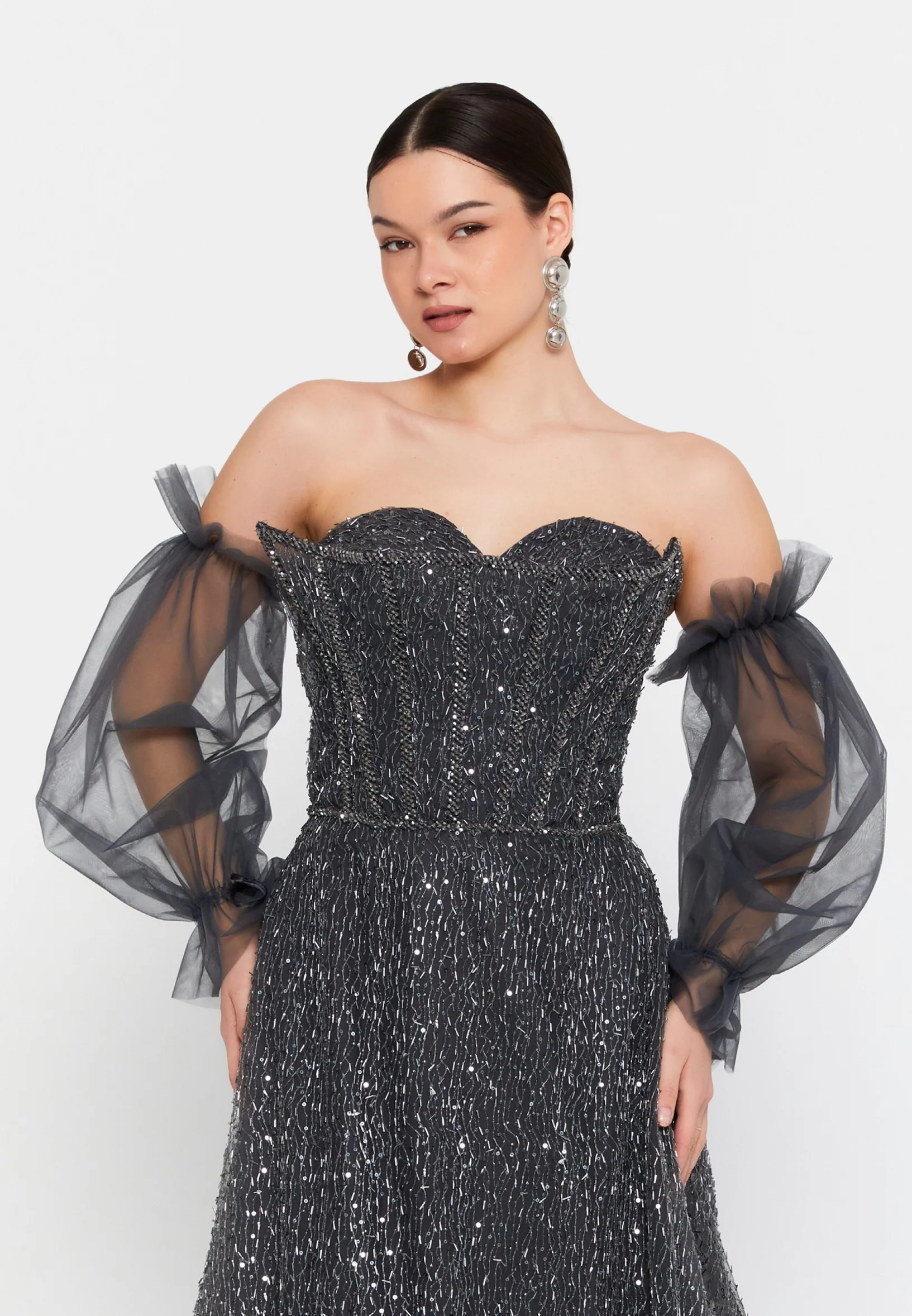 Off Shoulder Maxi Tulle Column Regular Wedding Guest Dress aln1920 - Image 4