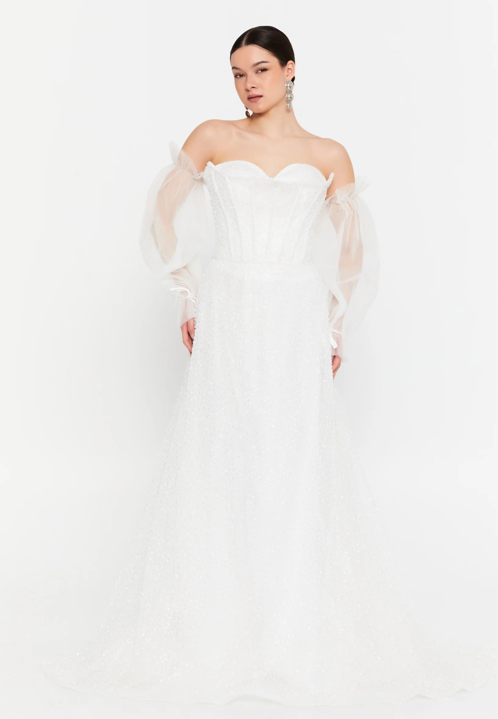 Off Shoulder Maxi Tulle Column Regular Wedding Guest Dress aln1920 - Image 5