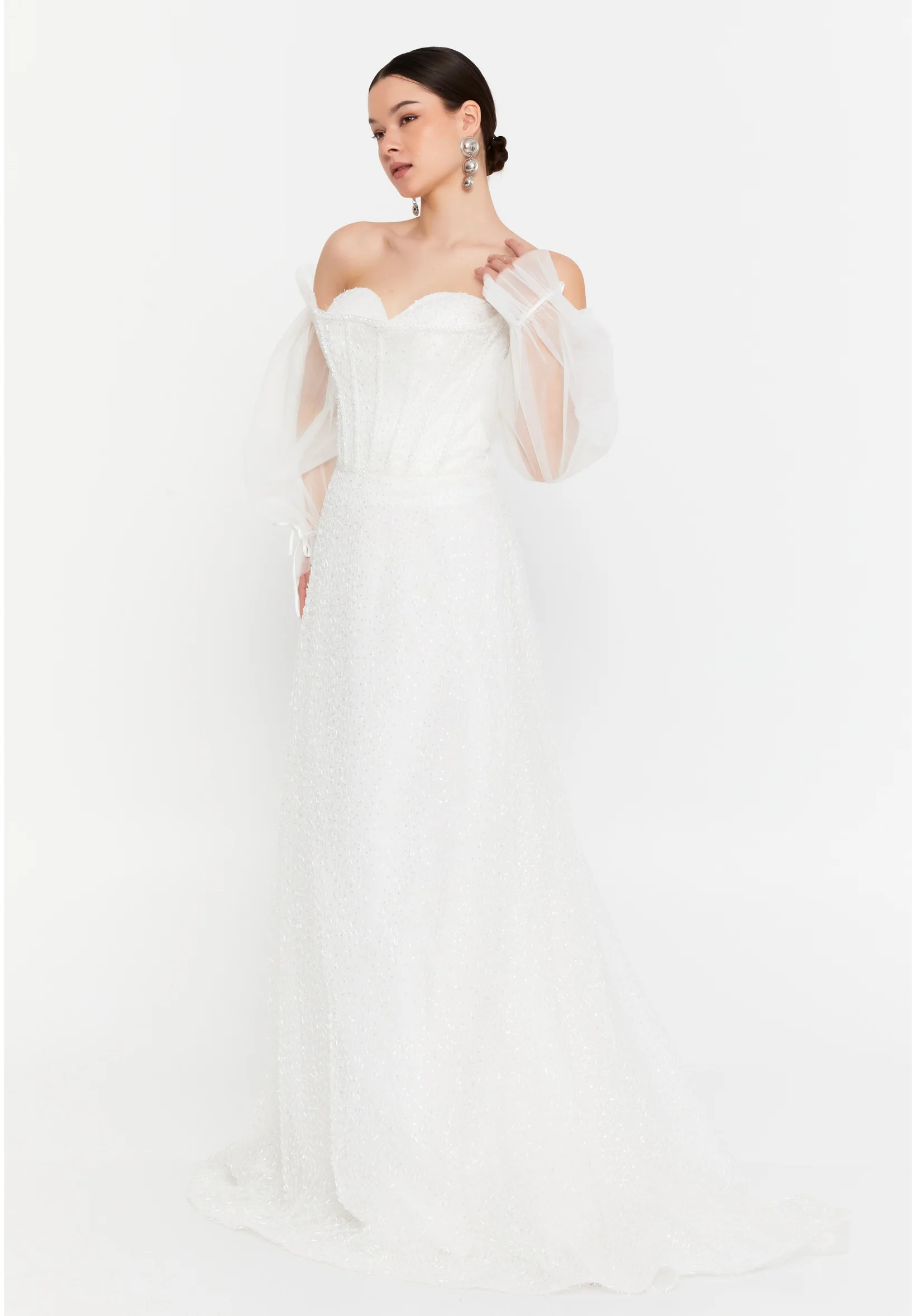 Off Shoulder Maxi Tulle Column Regular Wedding Guest Dress aln1920 - Image 7