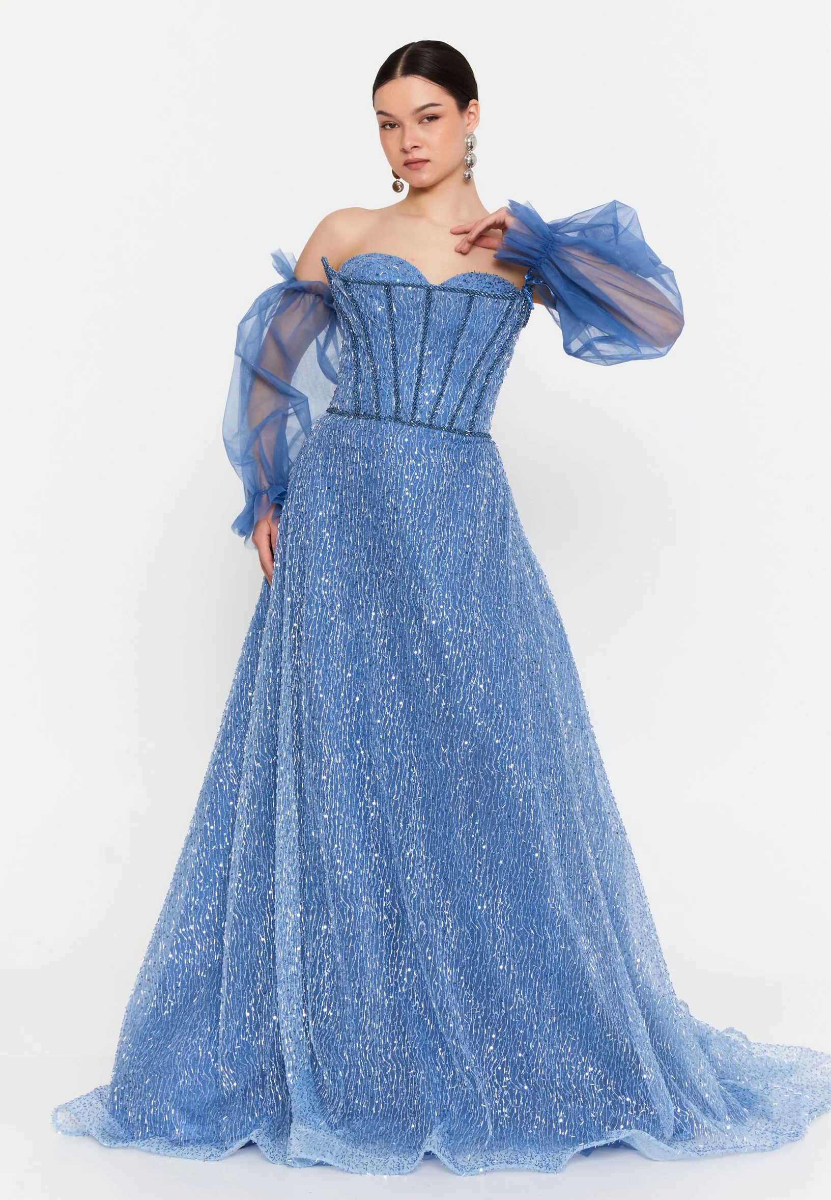Off Shoulder Maxi Tulle Column Regular Wedding Guest Dress aln1920 - Image 9