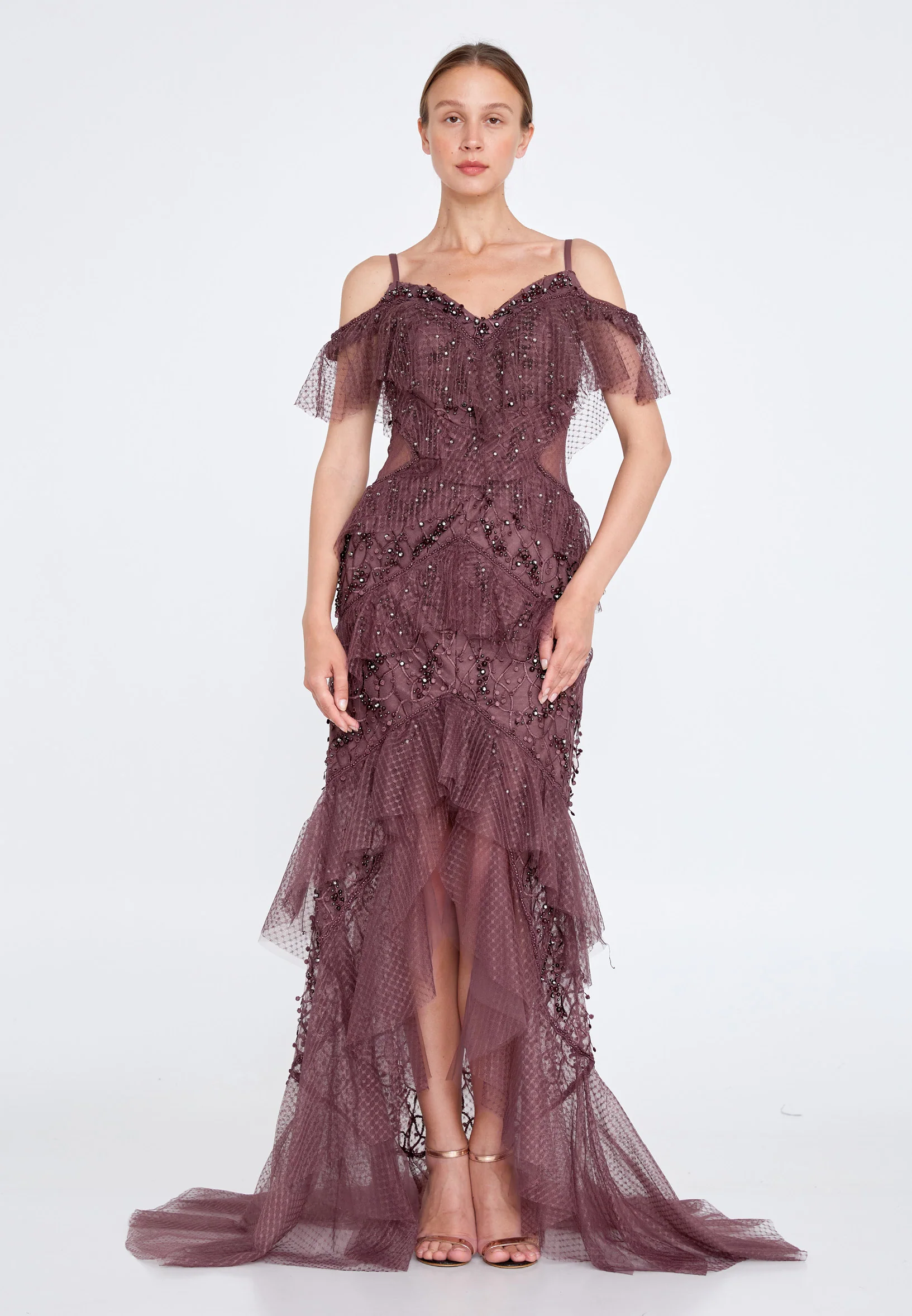 Off Shoulder Maxi Tulle Column Regular Wedding Guest Dress knz3064