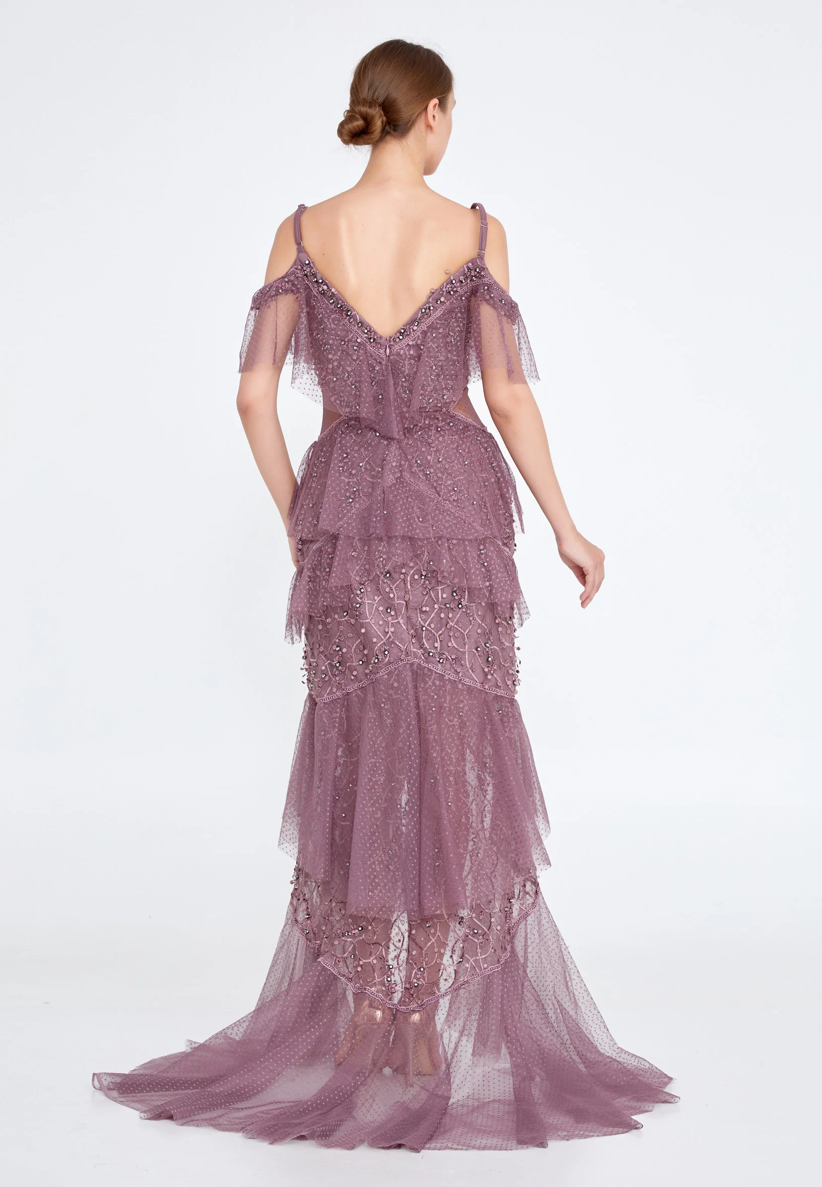 Off Shoulder Maxi Tulle Column Regular Wedding Guest Dress knz3064 - Image 14