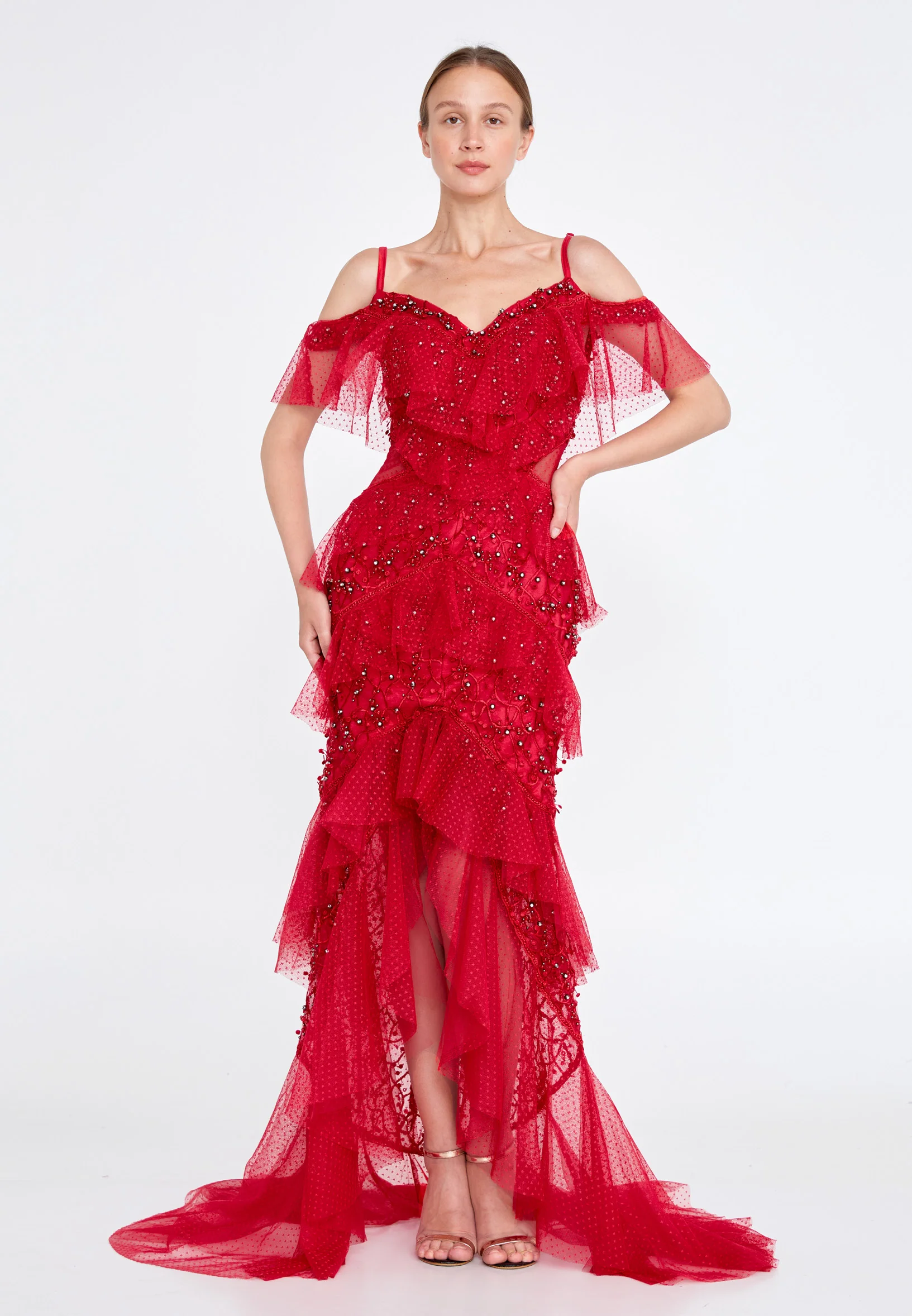 Off Shoulder Maxi Tulle Column Regular Wedding Guest Dress knz3064 - Image 17