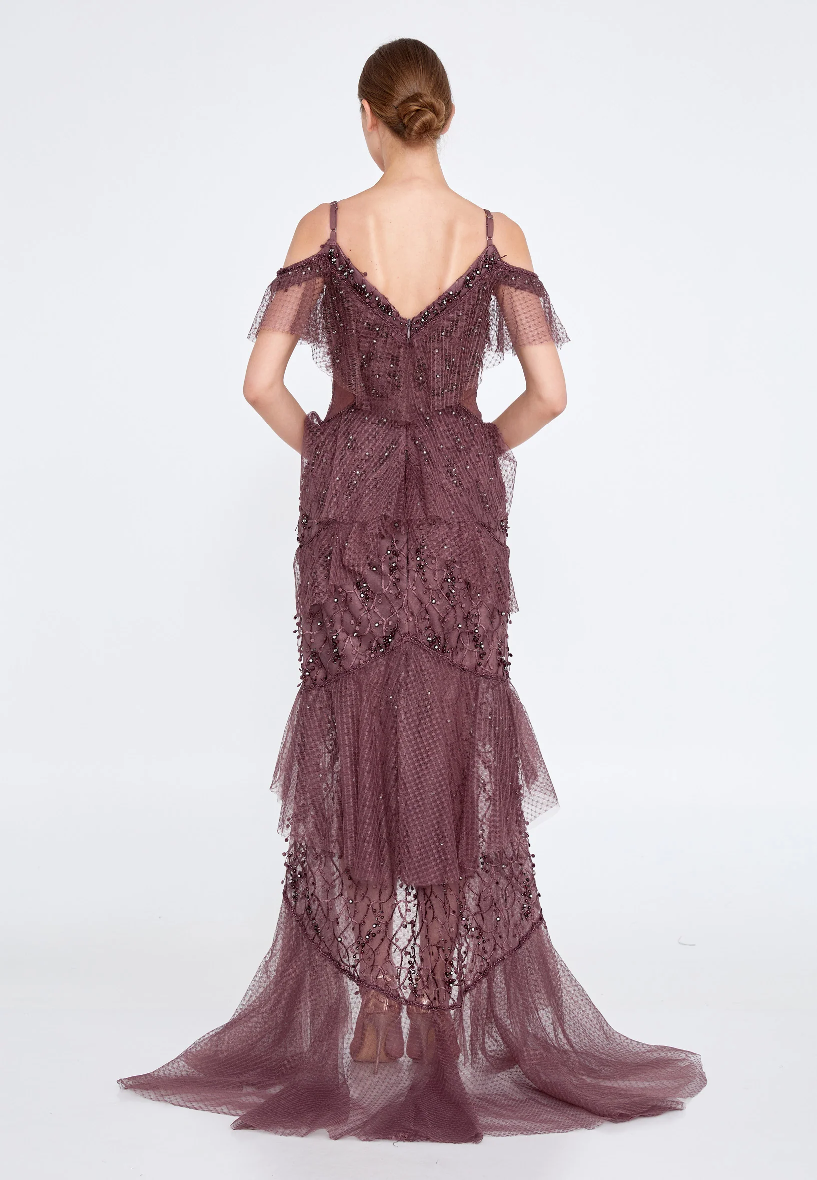 Off Shoulder Maxi Tulle Column Regular Wedding Guest Dress knz3064 - Image 2