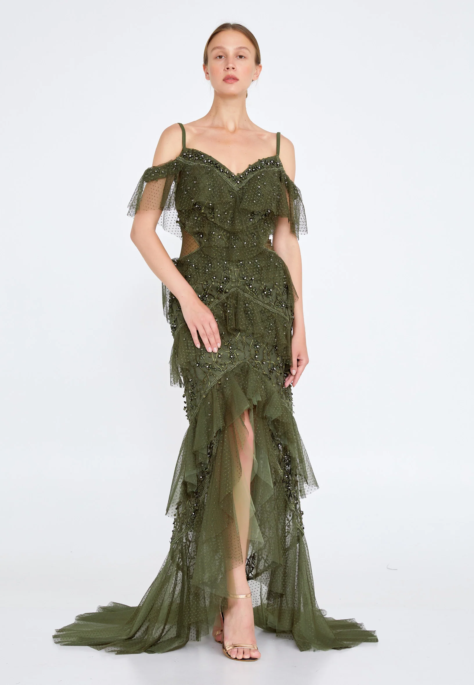 Off Shoulder Maxi Tulle Column Regular Wedding Guest Dress knz3064 - Image 5