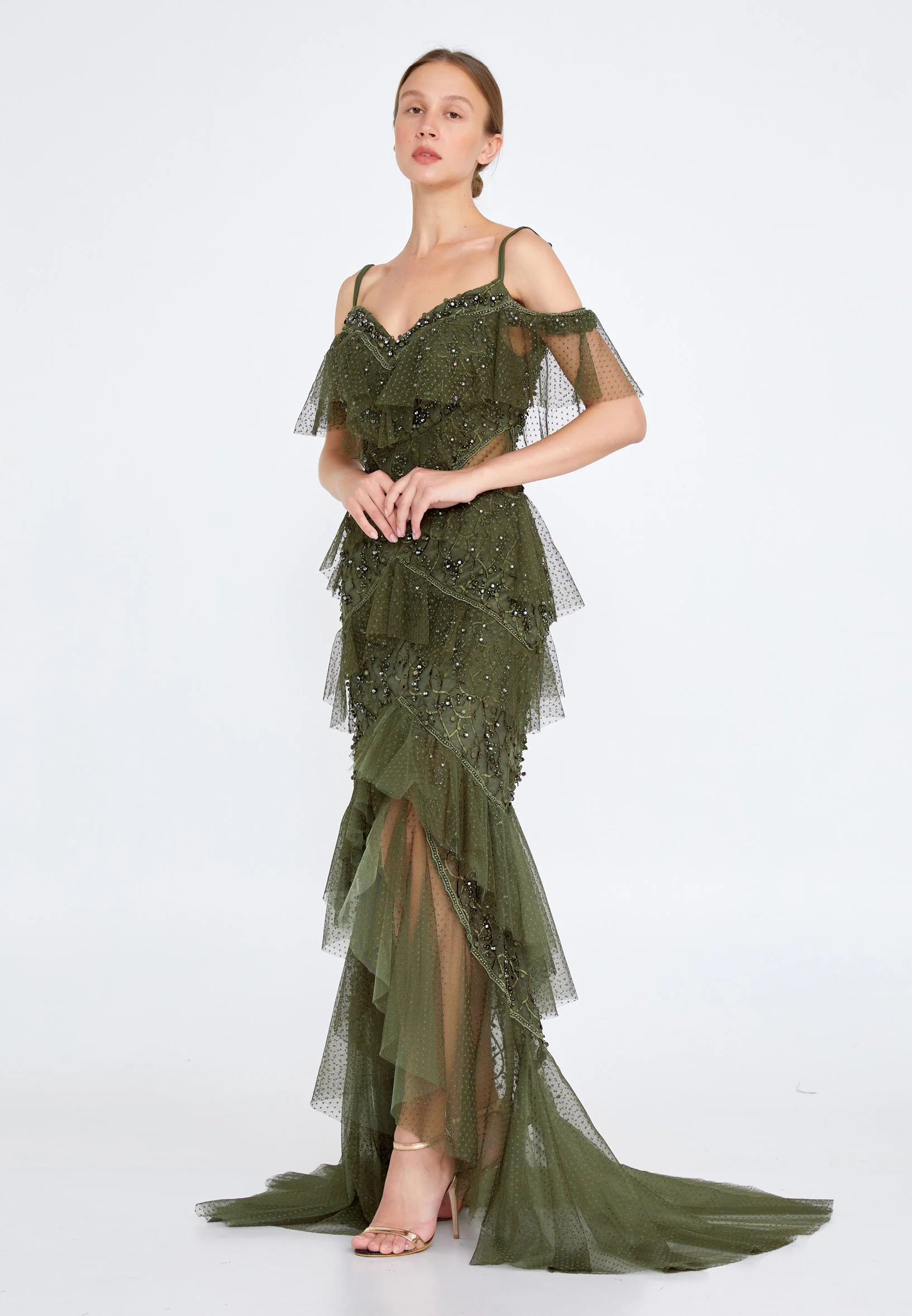 Off Shoulder Maxi Tulle Column Regular Wedding Guest Dress knz3064 - Image 7
