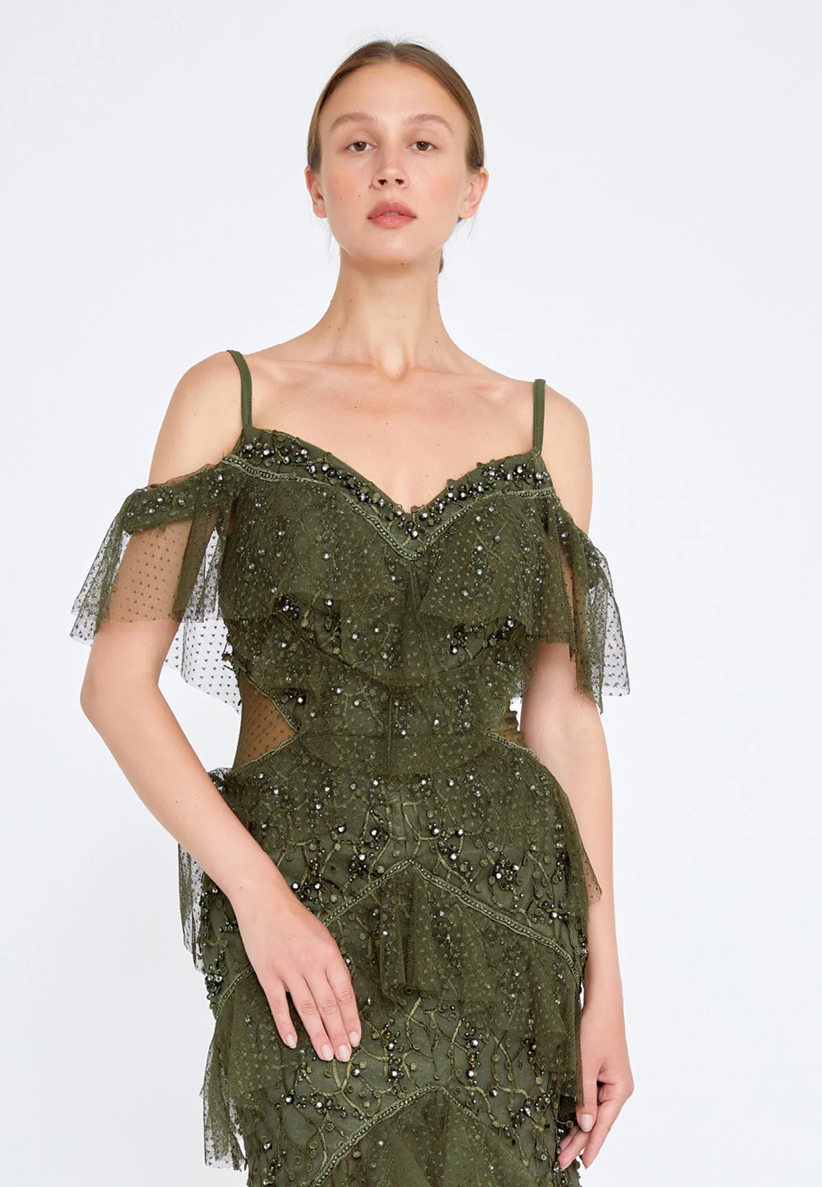 Off Shoulder Maxi Tulle Column Regular Wedding Guest Dress knz3064 - Image 8