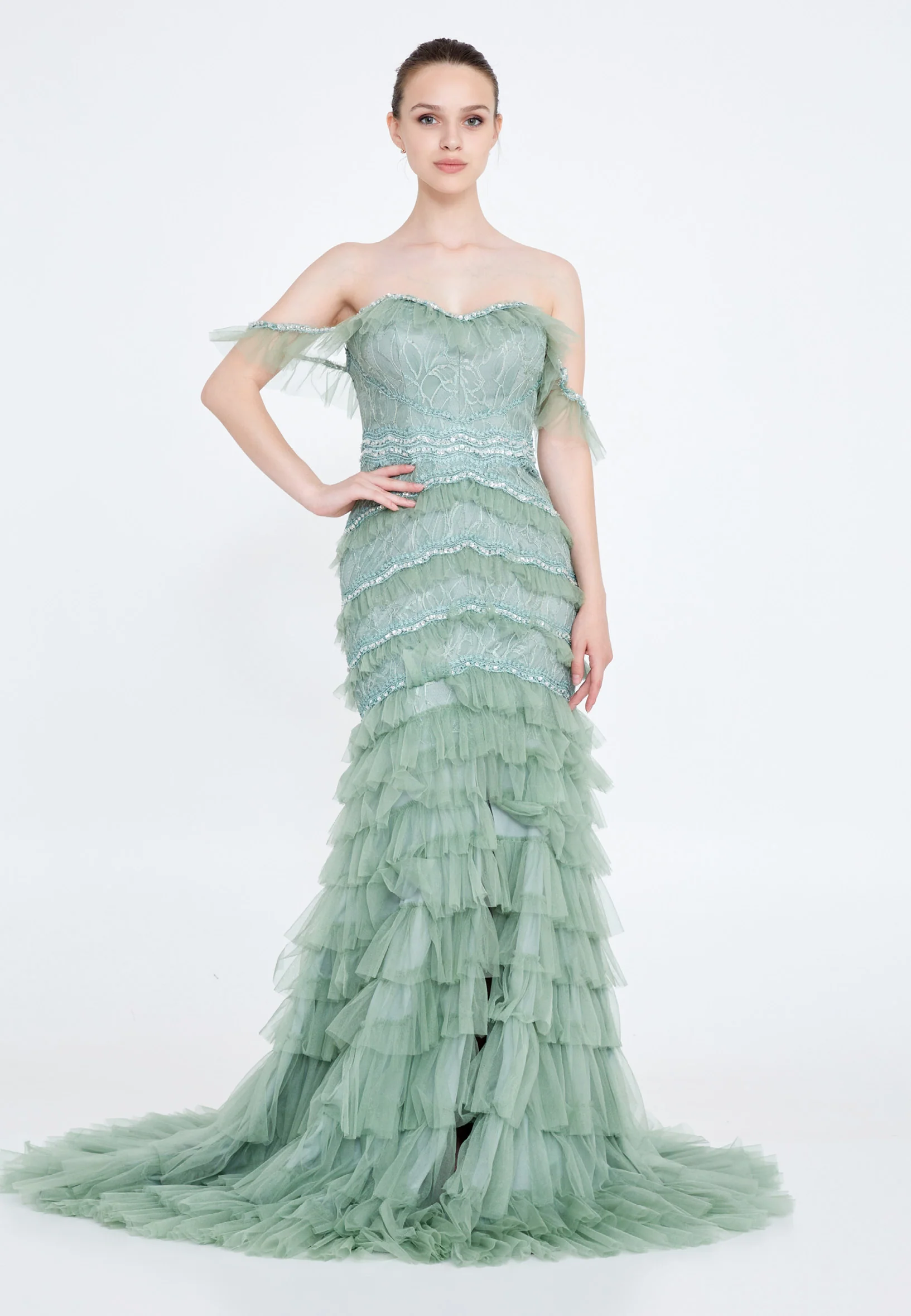 Off Shoulder Maxi Tulle Column Regular Wedding Guest Dress omn2192 - Image 29