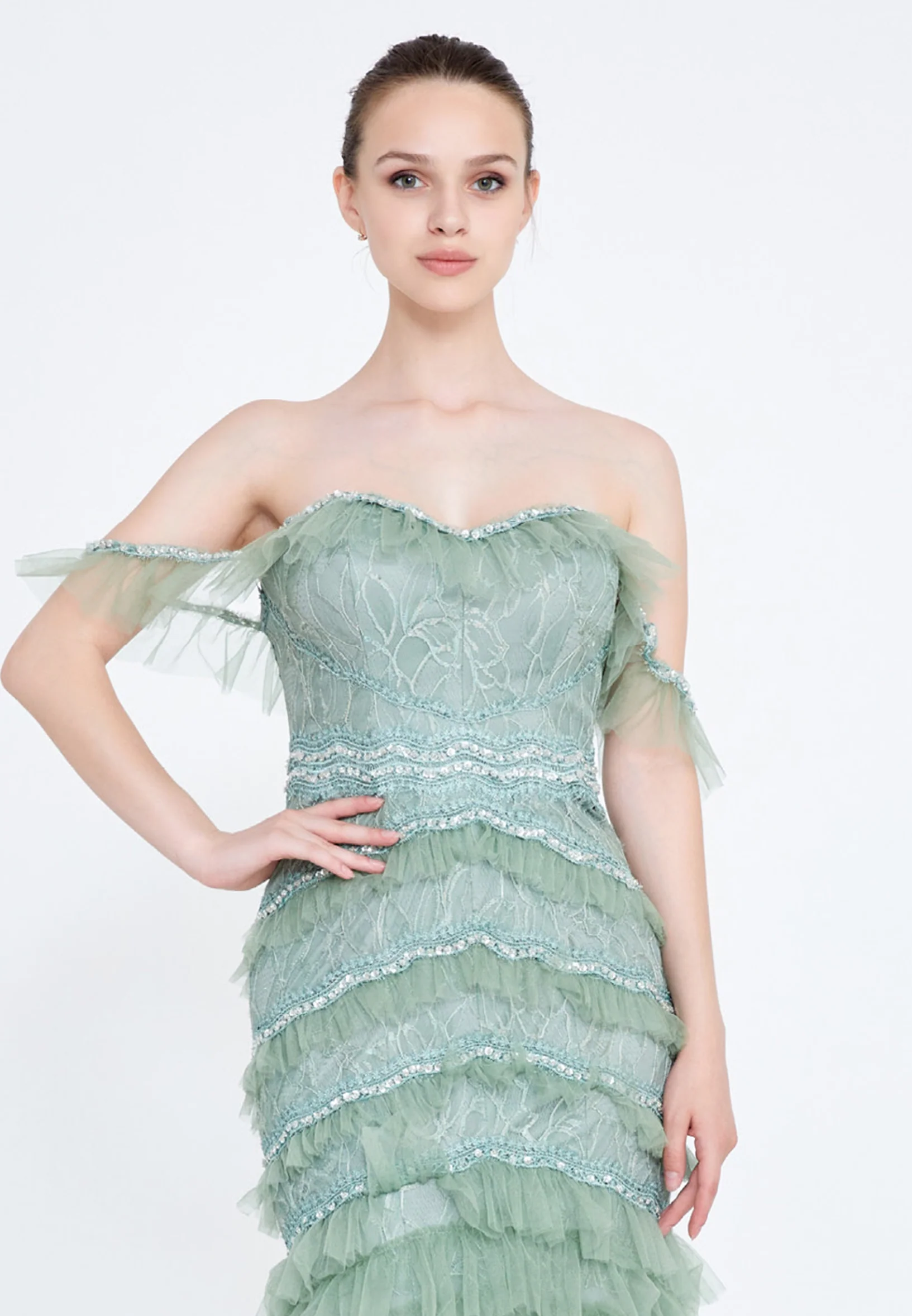 Off Shoulder Maxi Tulle Column Regular Wedding Guest Dress omn2192 - Image 32