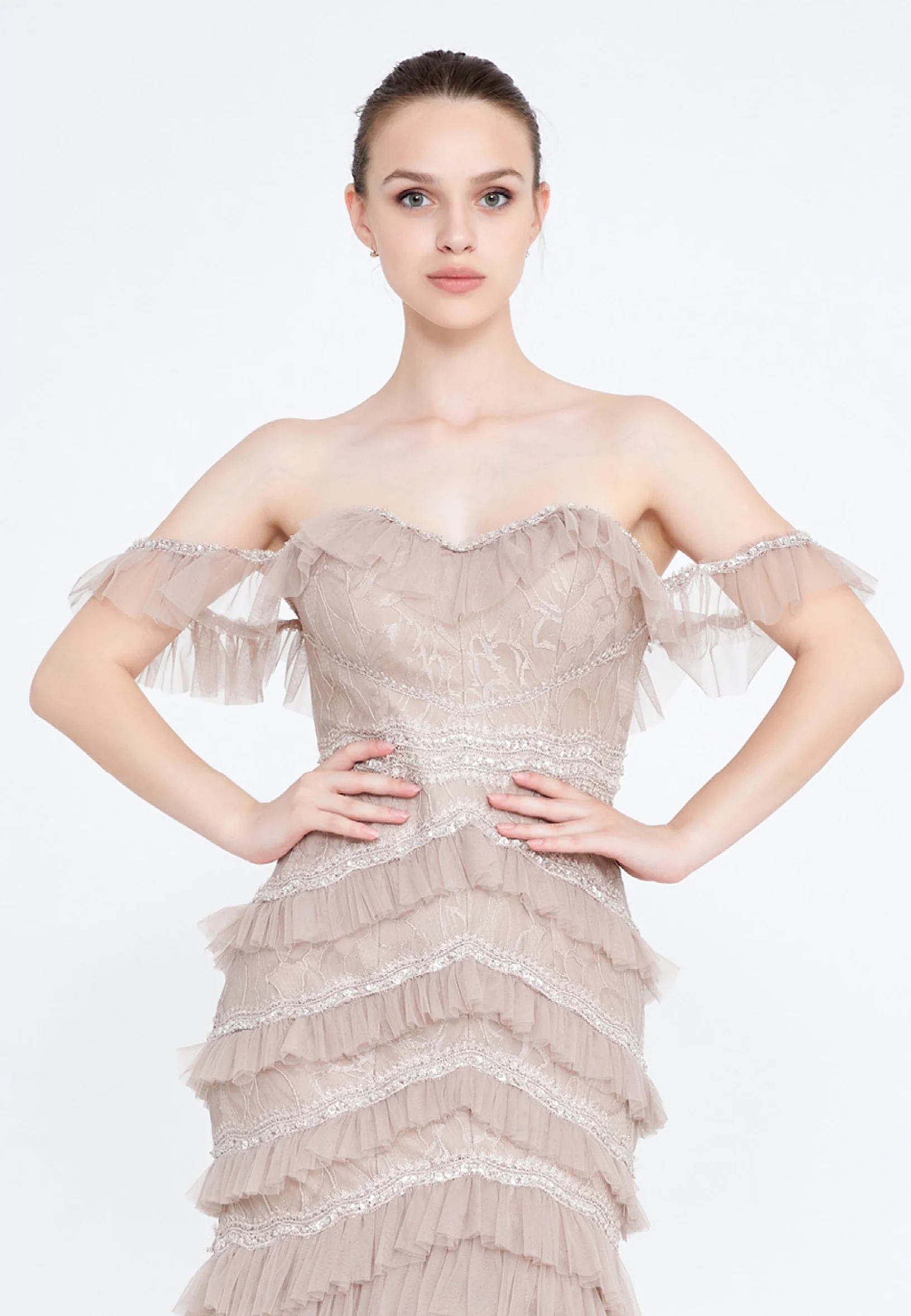 Off Shoulder Maxi Tulle Column Regular Wedding Guest Dress omn2192 - Image 4