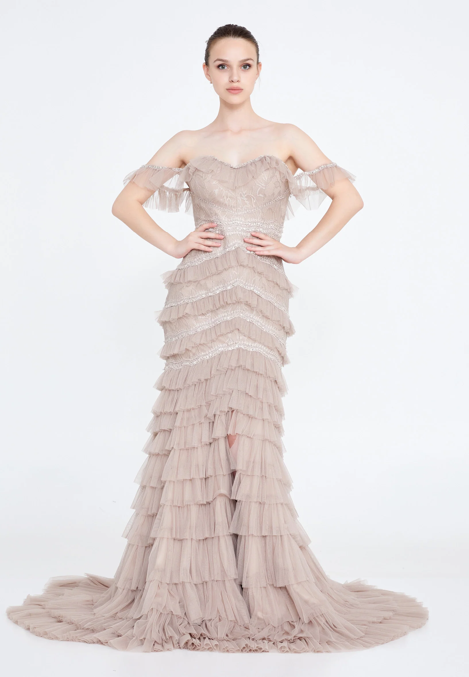 Off Shoulder Maxi Tulle Column Regular Wedding Guest Dress omn2192 - Image 5