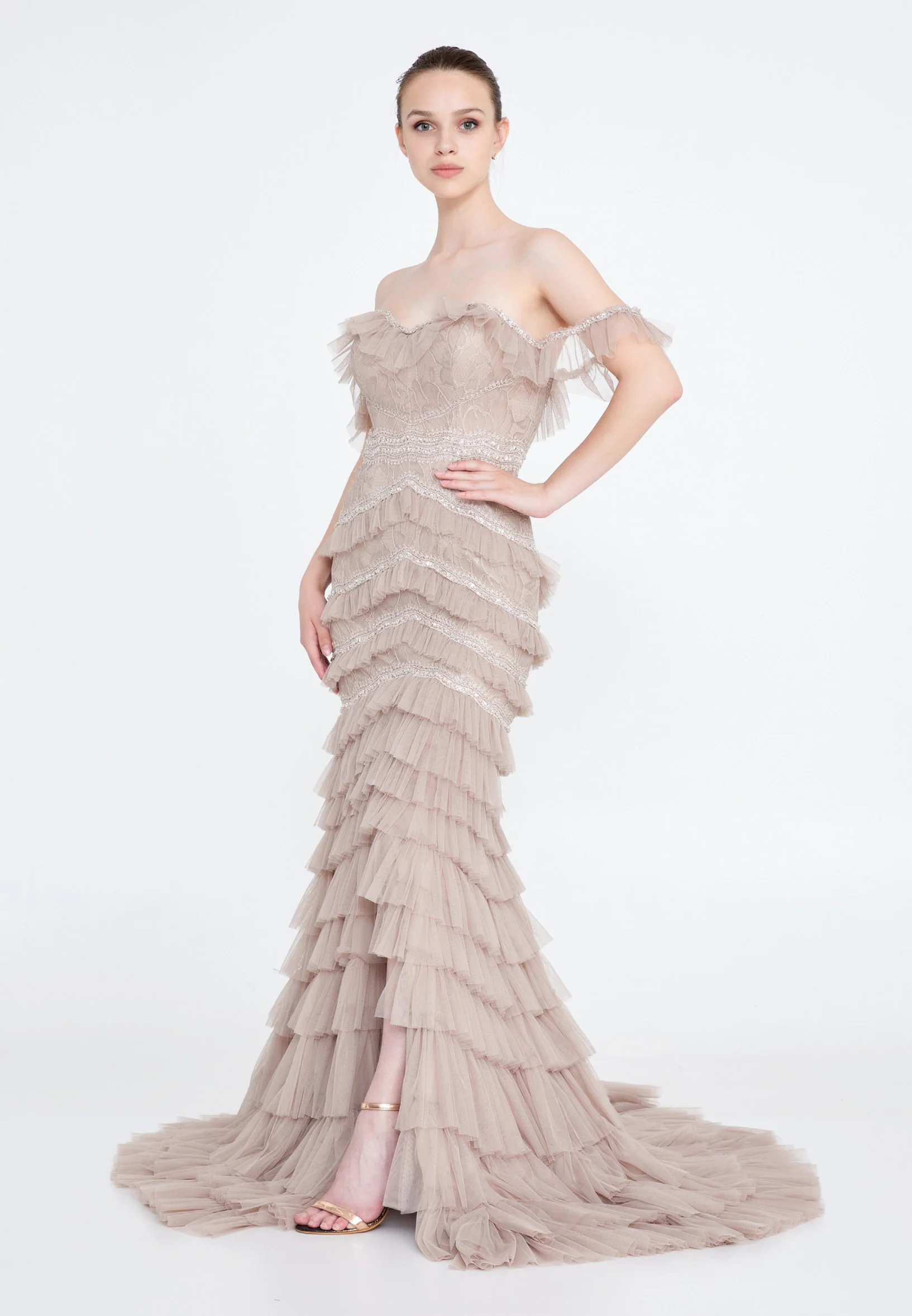 Off Shoulder Maxi Tulle Column Regular Wedding Guest Dress omn2192 - Image 7